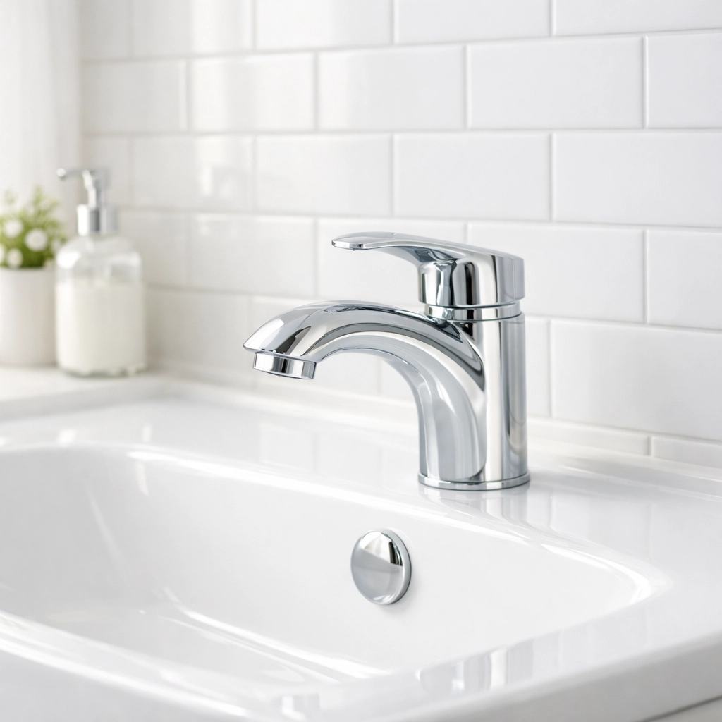 Spotless bathroom sink and subway tiles showing professional turnover cleaning standards for property managers.