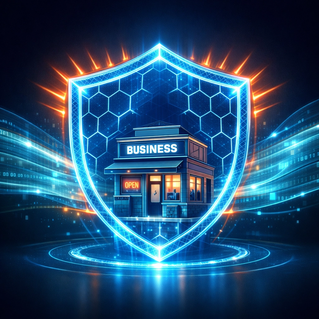 Cybersecurity shield protecting small business from cyber threats and attacks