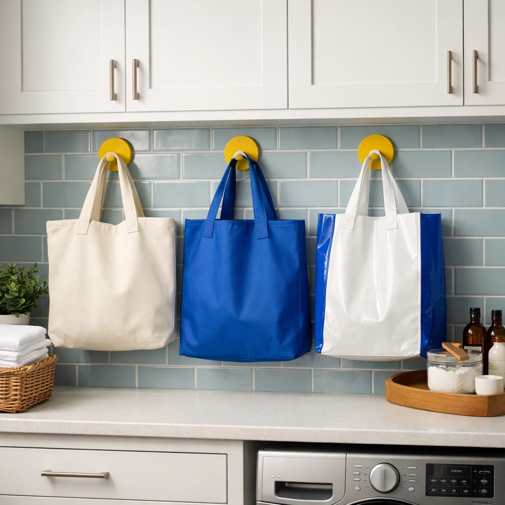 Cotton and synthetic reusable totes hanging on hooks in a modern, organized laundry room.