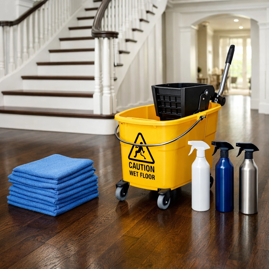 Microfiber cloths and cleaning supplies organized for professional post construction cleaning in Hudson.