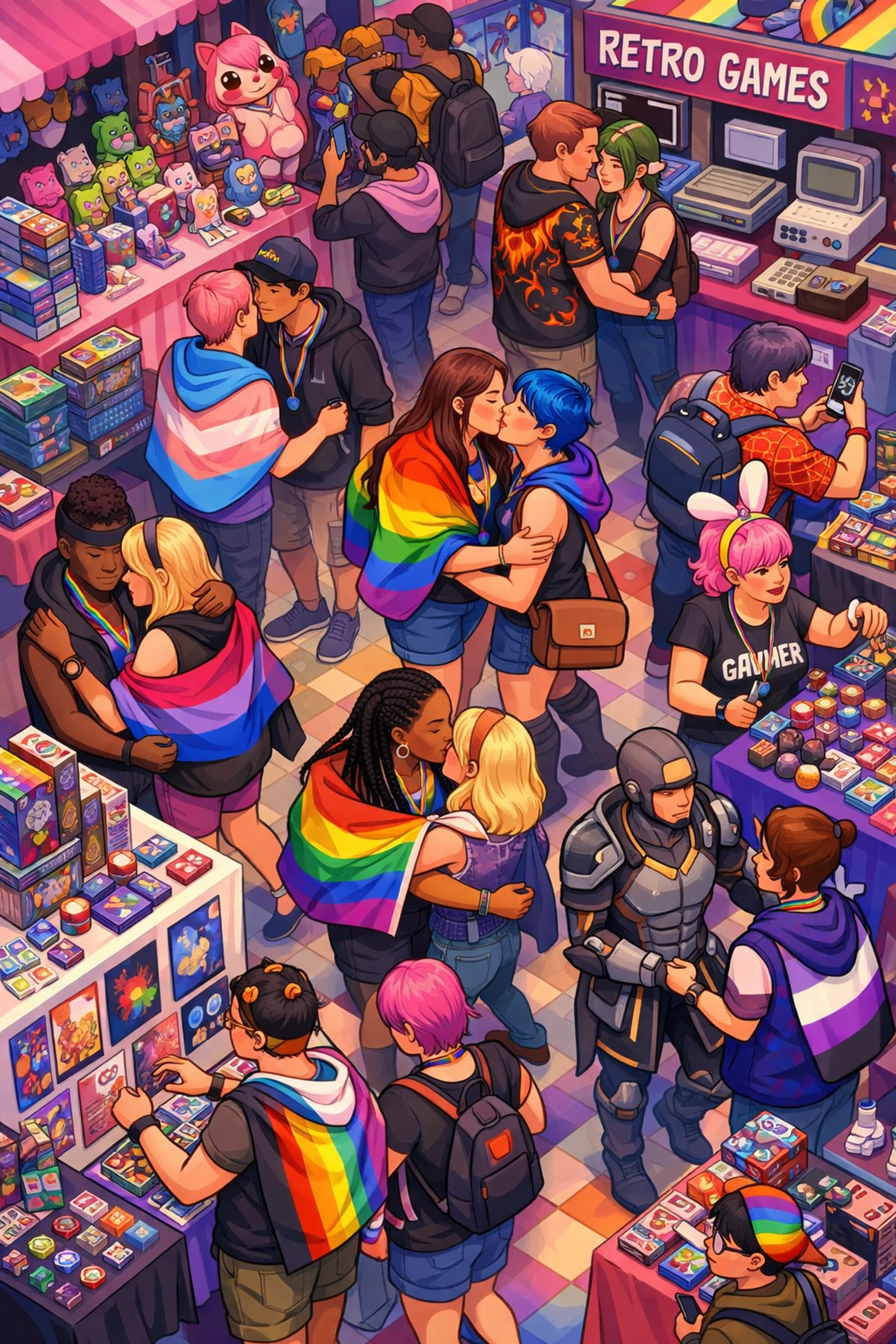 LGBTQ+ gamers browsing vendor booths at inclusive gaming convention