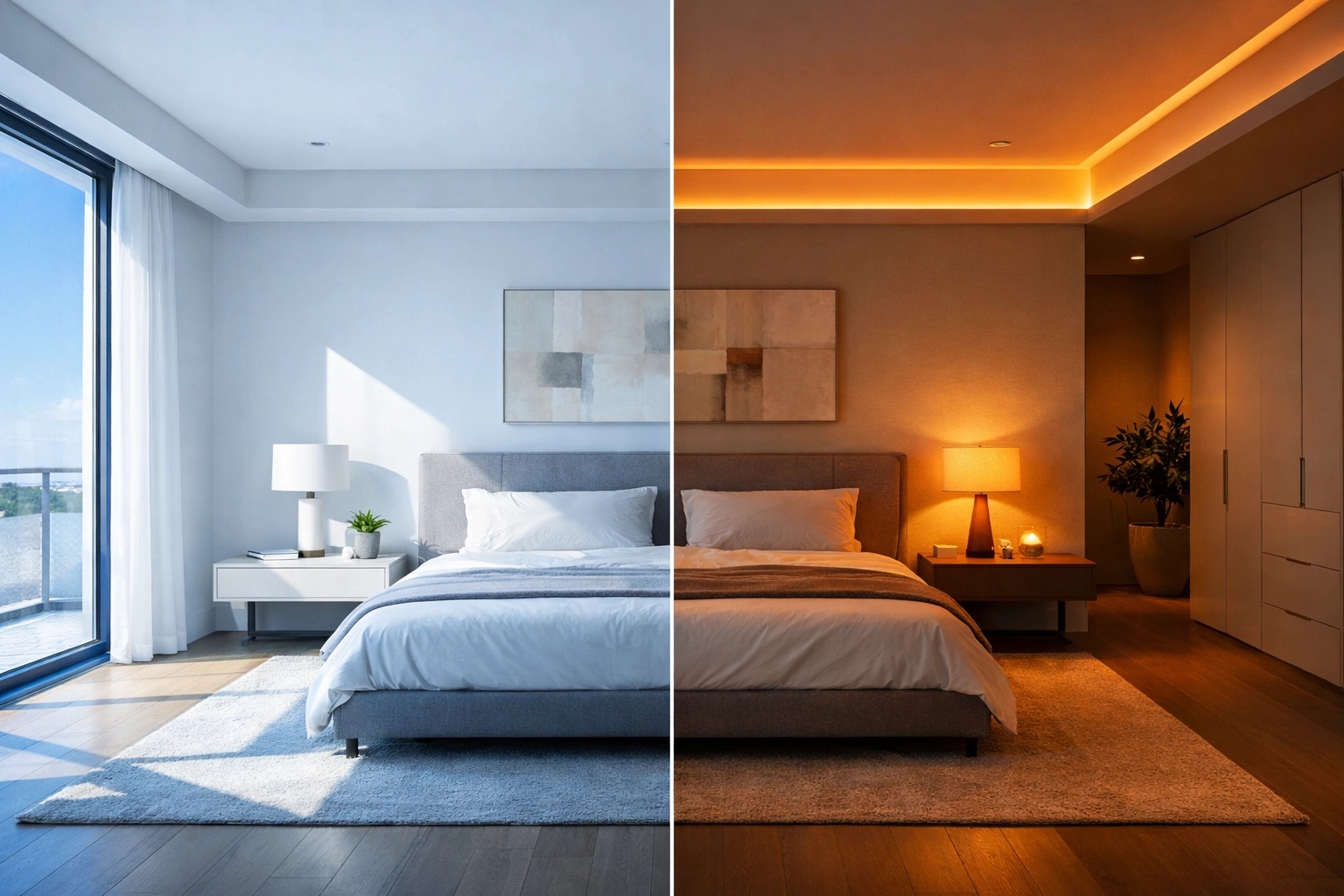 Bedroom showing the transition between blue morning light and warm amber circadian lighting for sleep health.