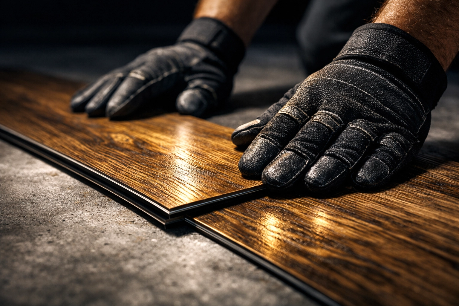 Professional installer placing LVT plank during commercial flooring installation