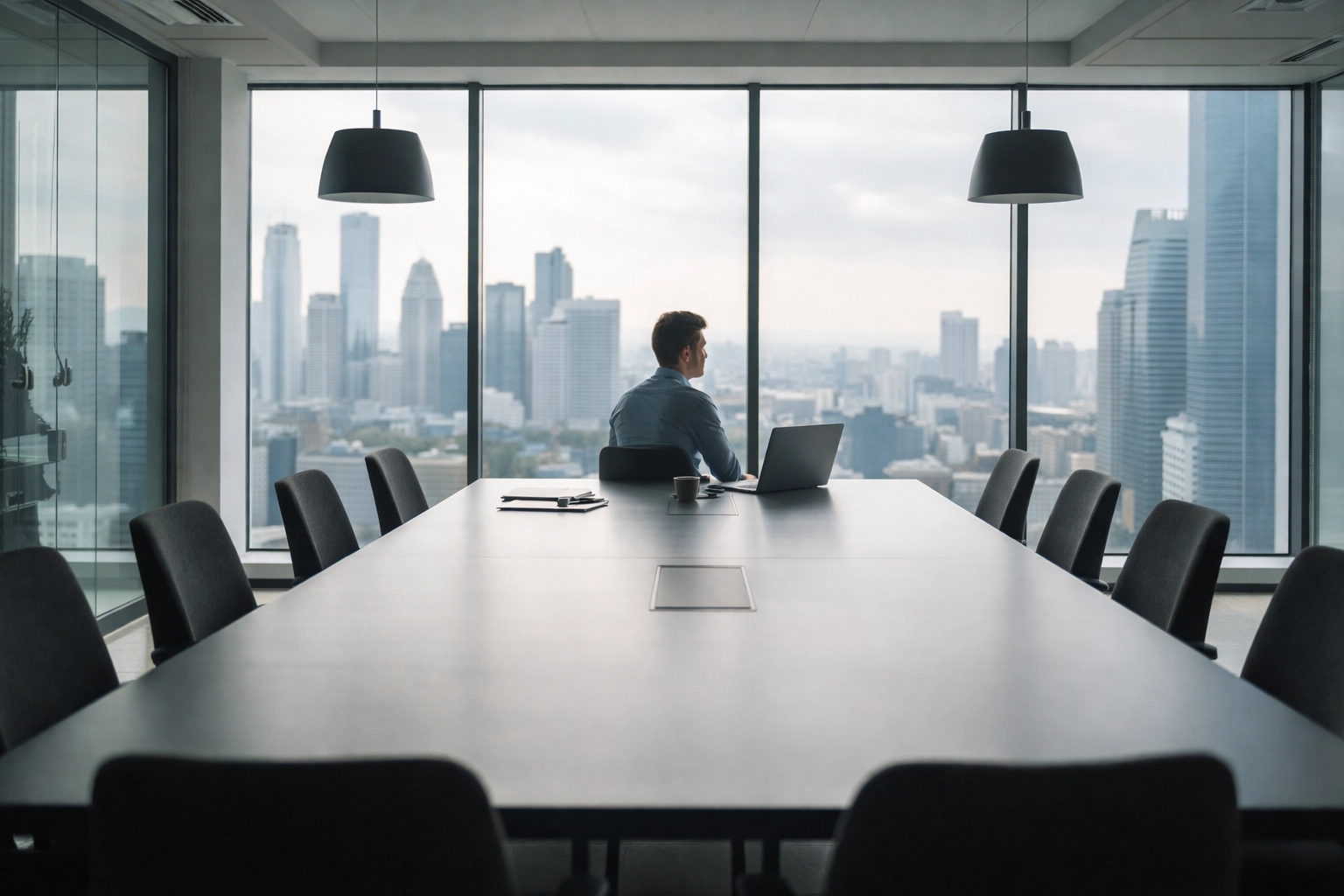 Solo founder sits alone at a large conference table, highlighting startup loneliness and isolation.