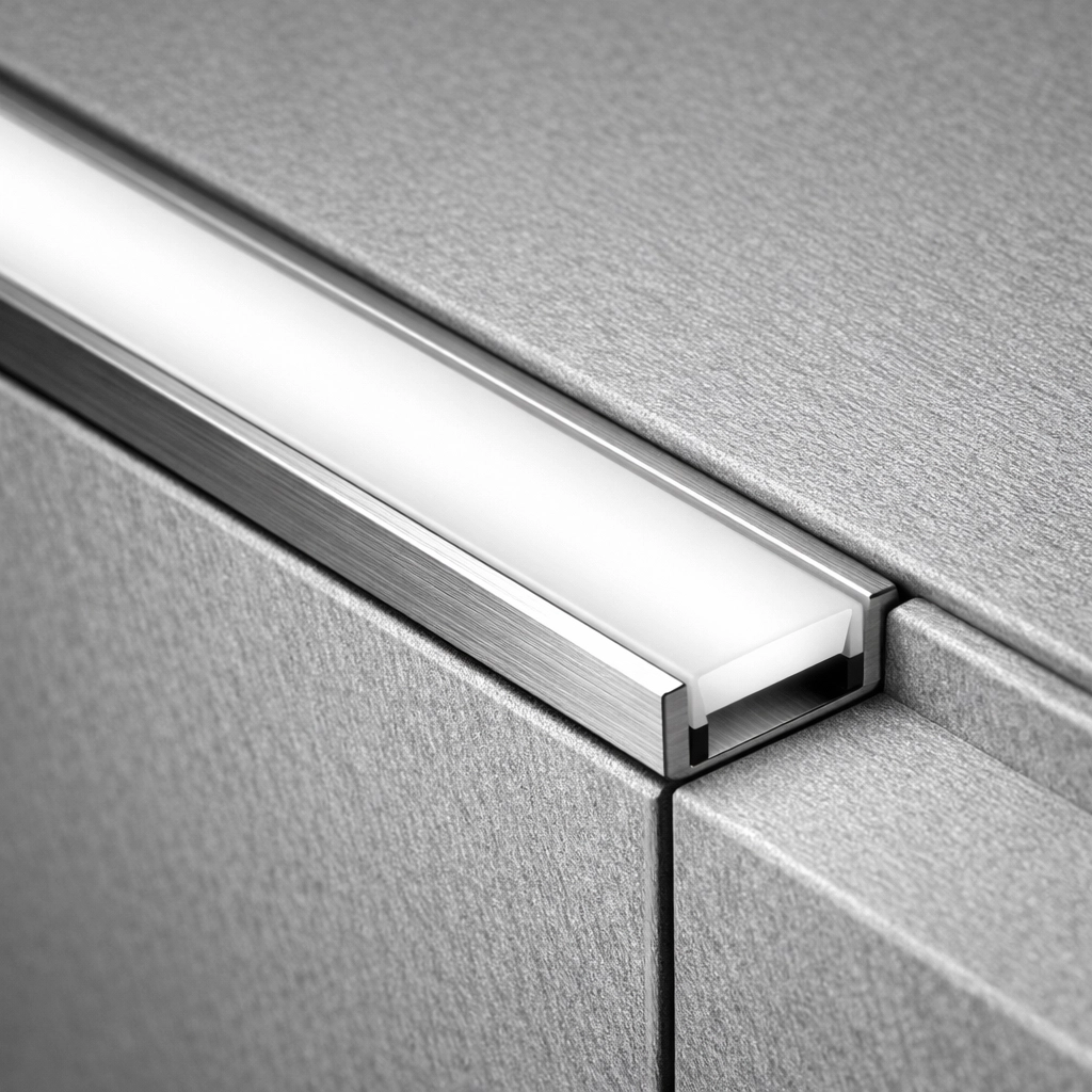 Close-up of a recessed aluminum LED channel with a frosted diffuser for seamless custom led lighting.