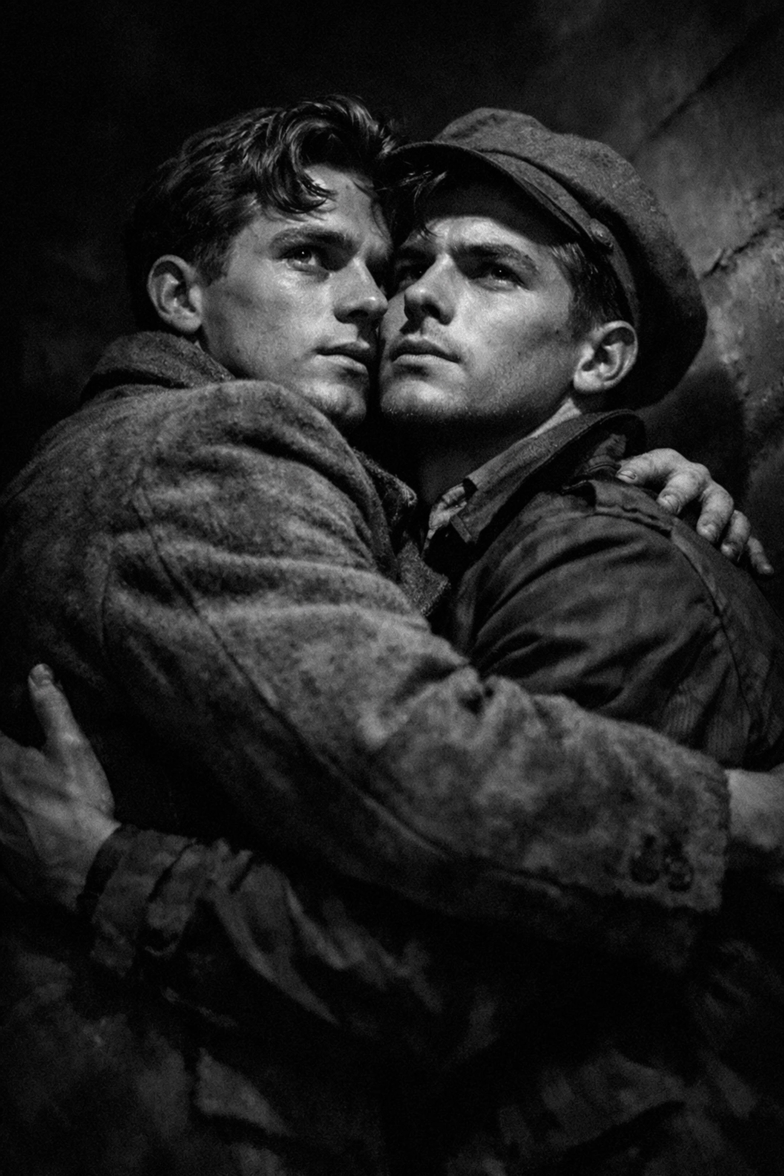 Two gay men embracing in shadows during WWII persecution and pink triangle era