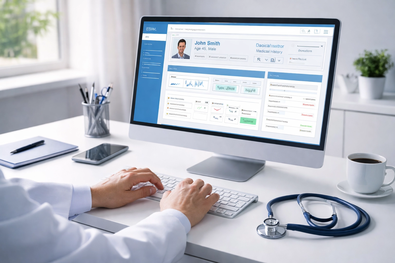 Physician using EHR system at a modern medical office desk, illustrating integrated AI documentation workflows.