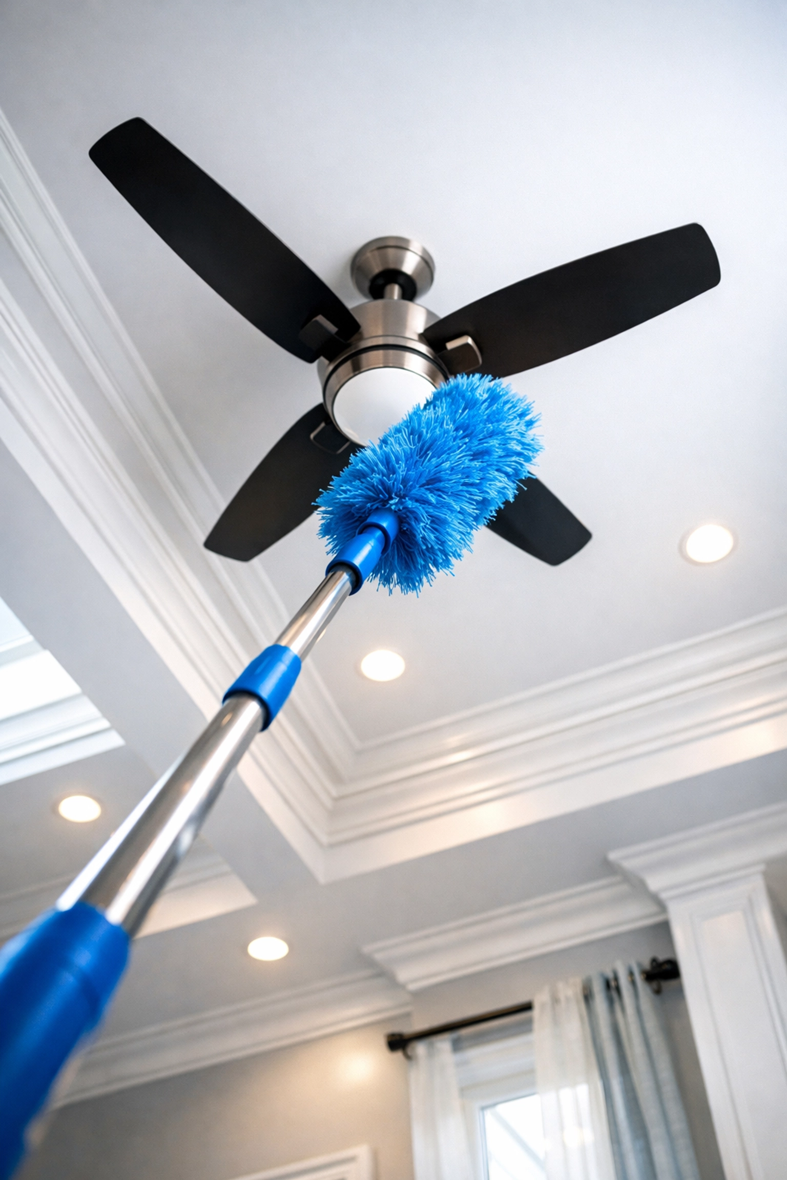Deep cleaning Worcester expert using a blue duster on a ceiling fan for a professional top-to-bottom clean.