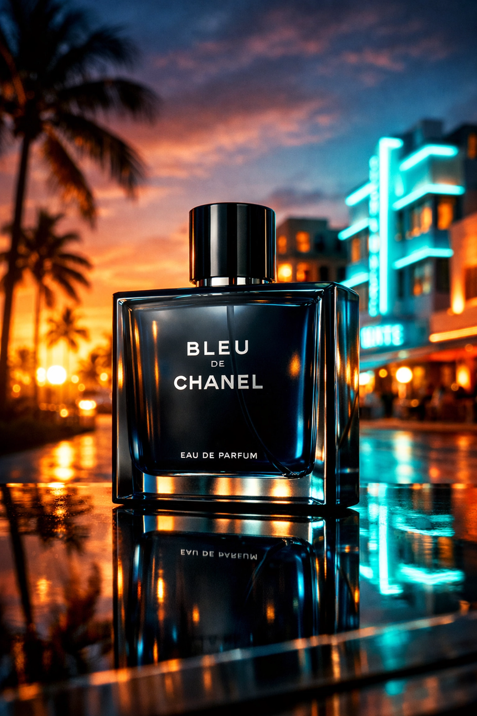 High-end product photography miami of a luxury item against a vibrant tropical sunset and palm trees.