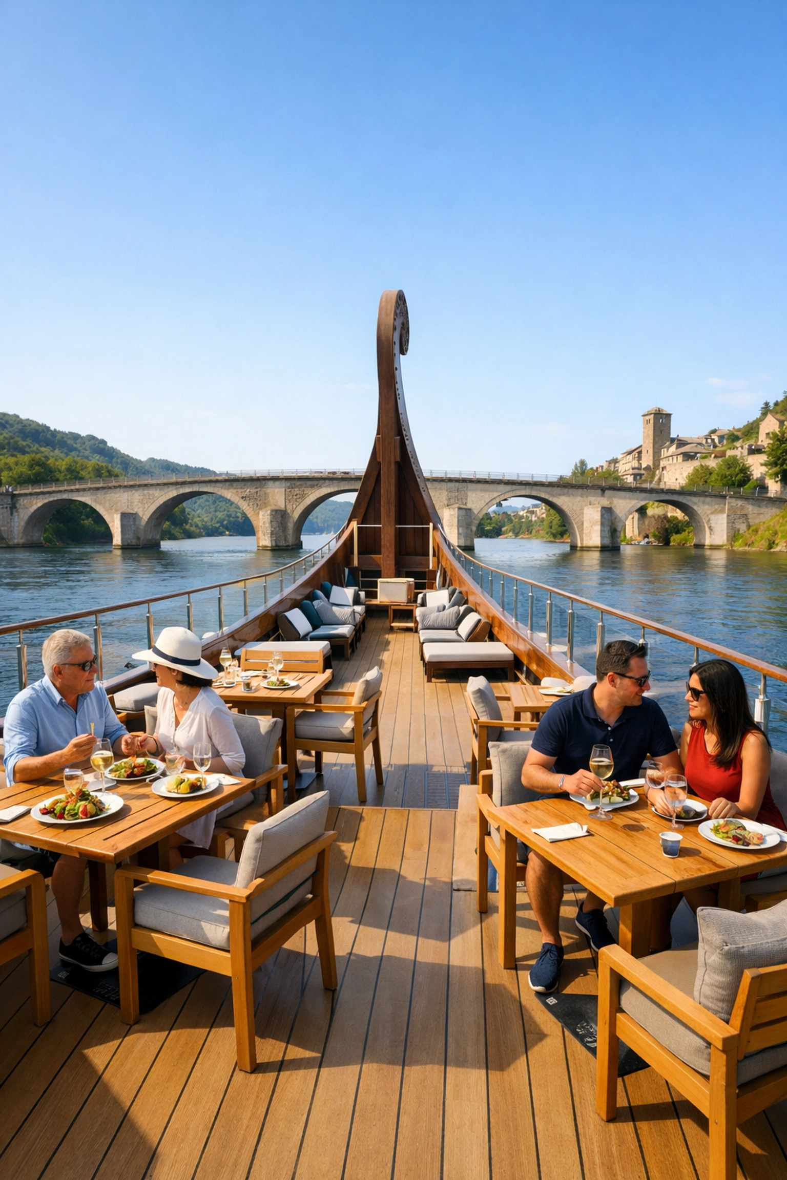 Outdoor dining on a luxury river cruise deck approaching a historic stone bridge in Europe.