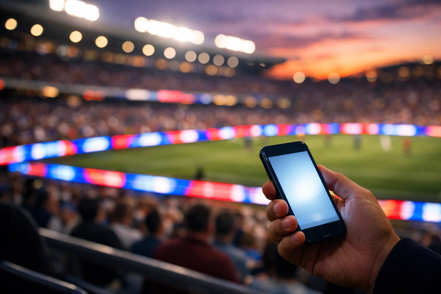 A sports fan using a smartphone in a stadium with digital perimeter advertising boards in the background.