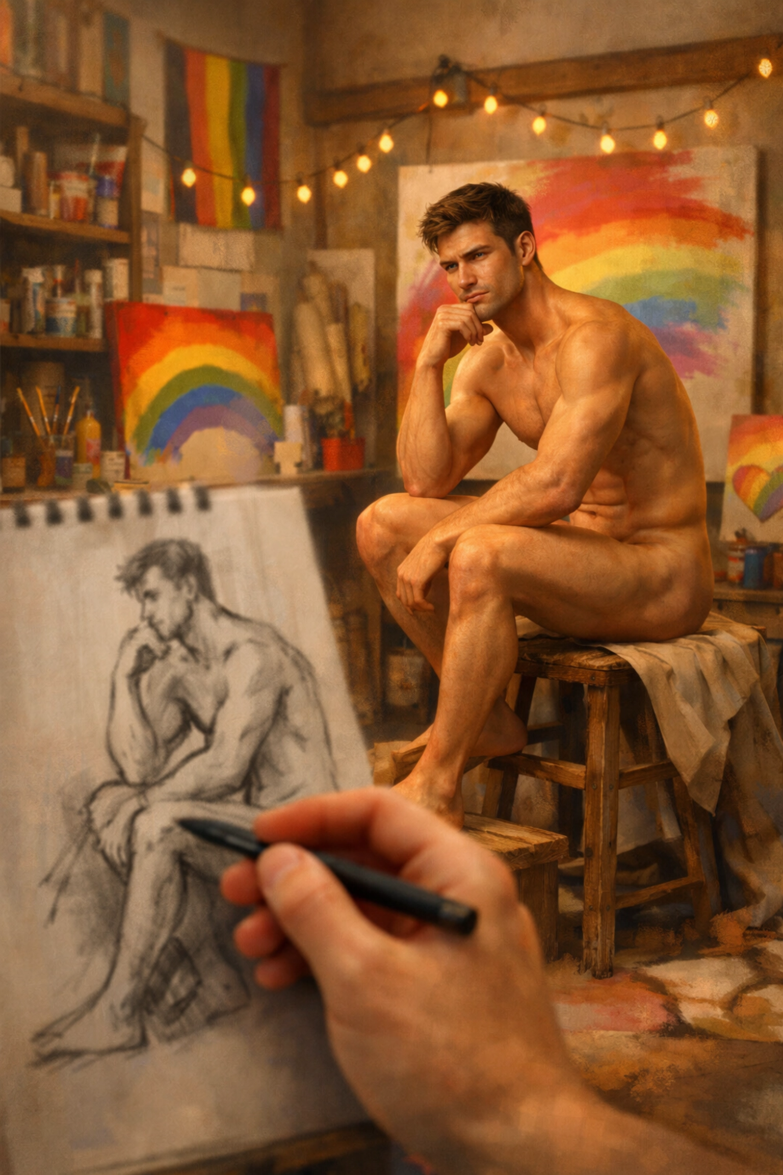 An artist sketching a muscular male model in a studio, celebrating the male form in gay literature.