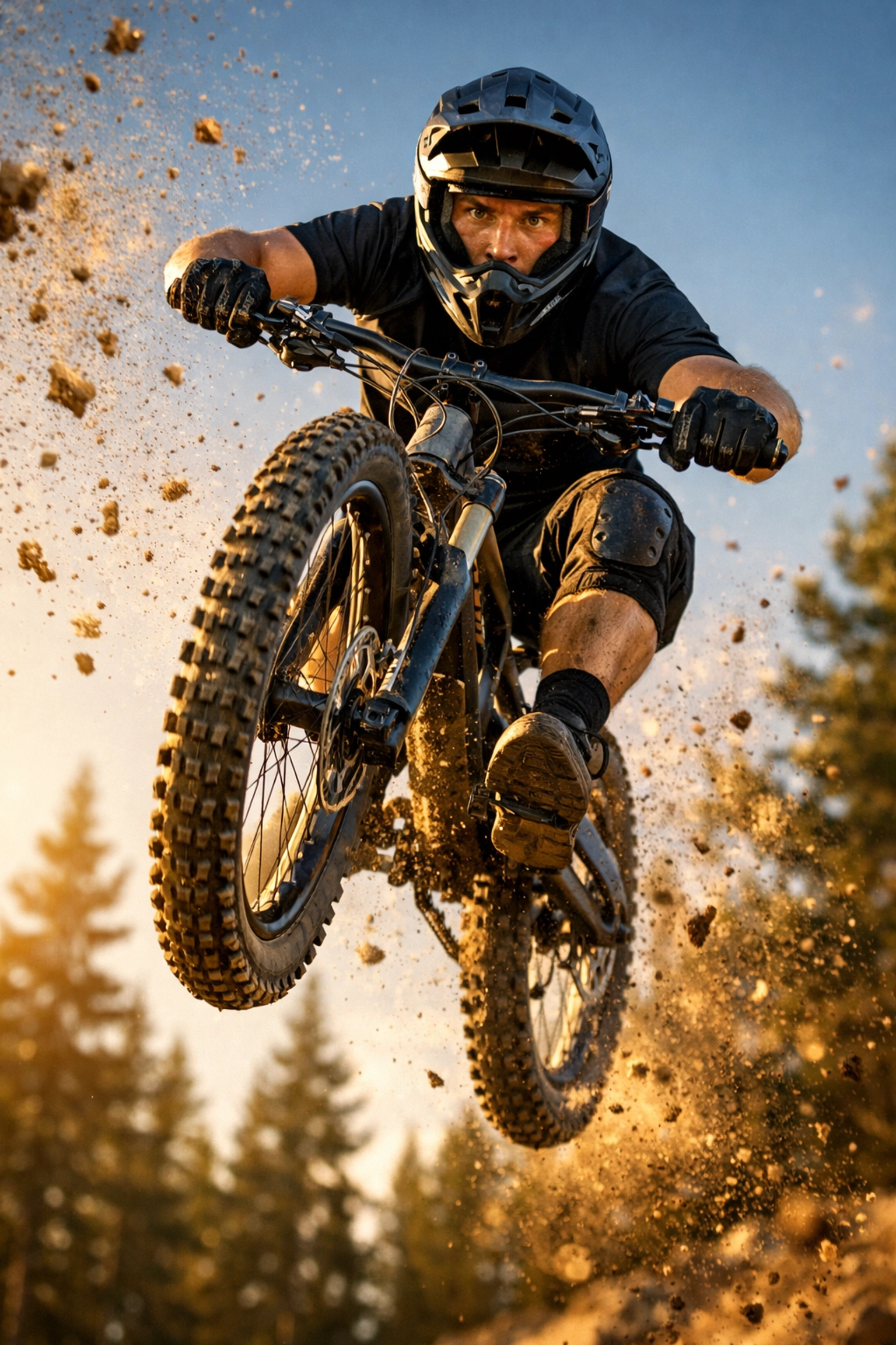 Dynamic sports action shot of a mountain biker captured with professional mirrorless camera equipment.