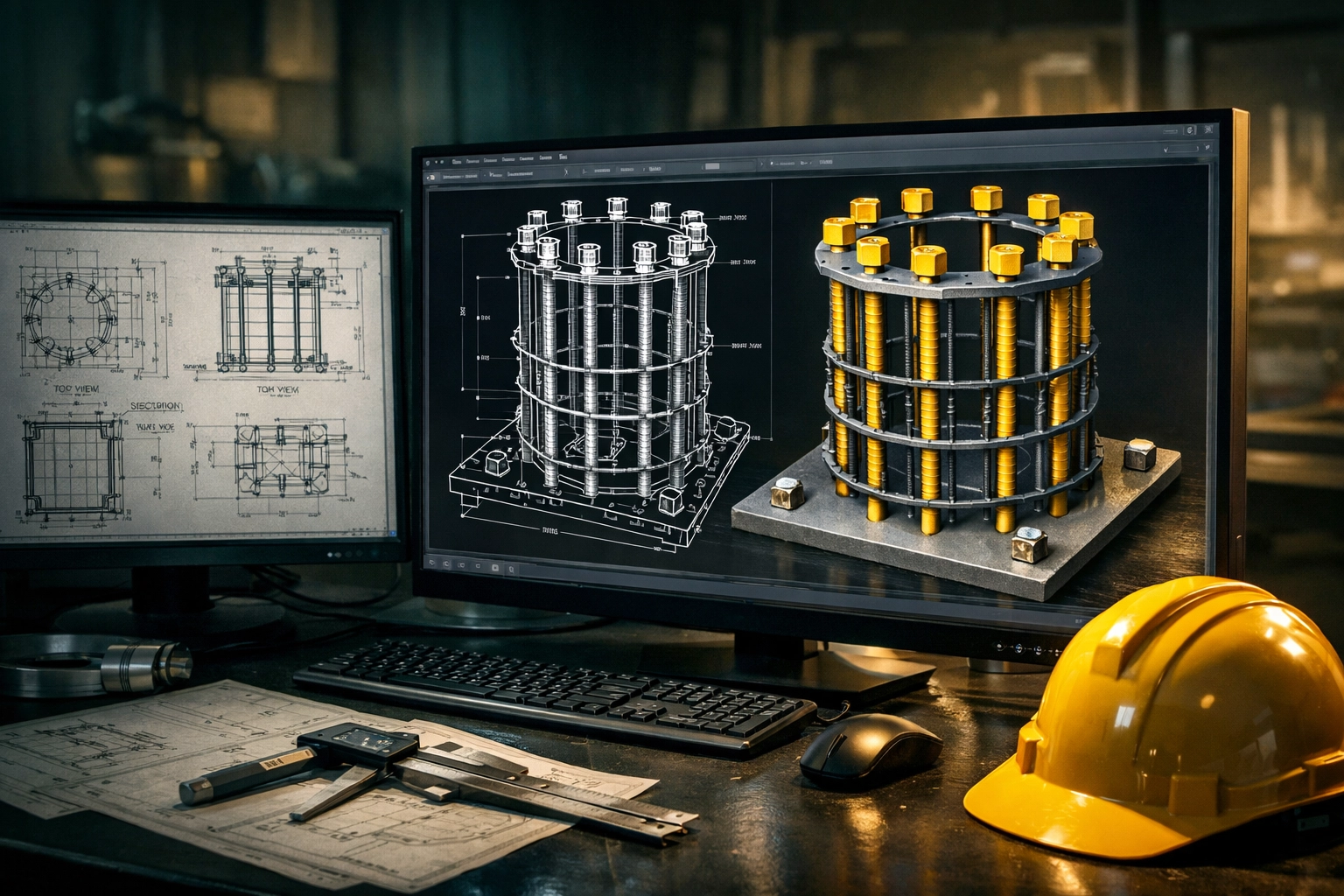 CAD workstation displaying virtual anchor bolt cage model for precision fabrication detailing