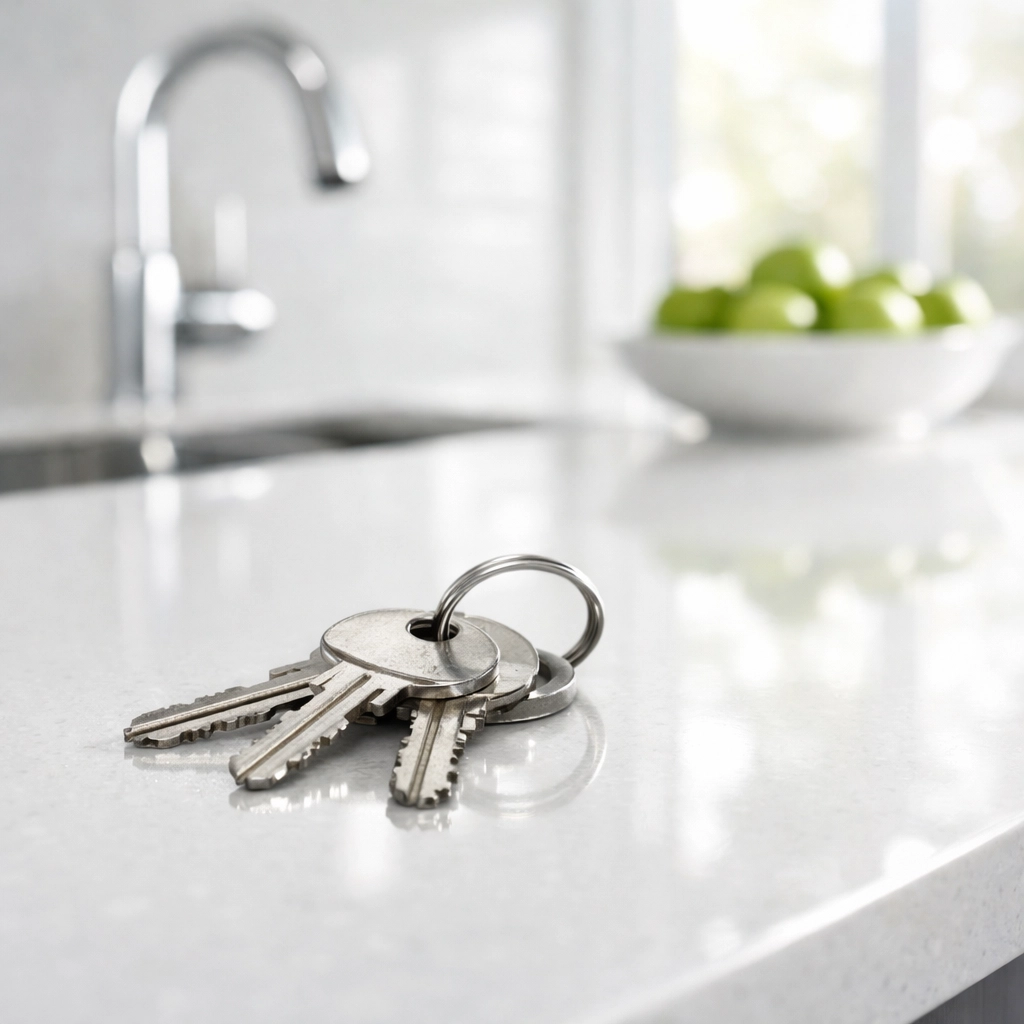 Apartment keys on a sparkling clean kitchen counter representing a successful professional property turnover.