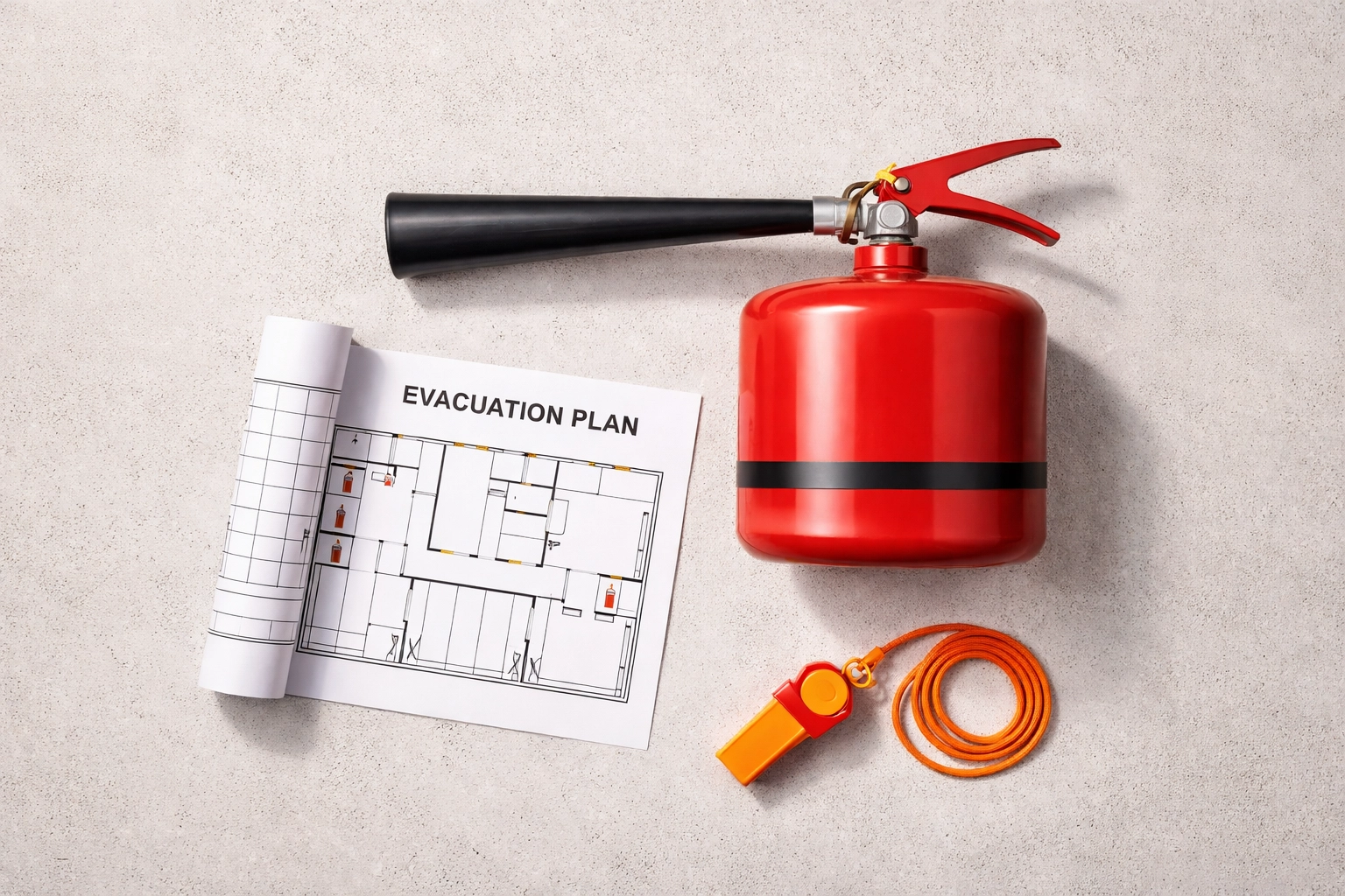 Fire extinguisher, evacuation plan, and safety whistle shown as essential fire safety equipment for businesses.