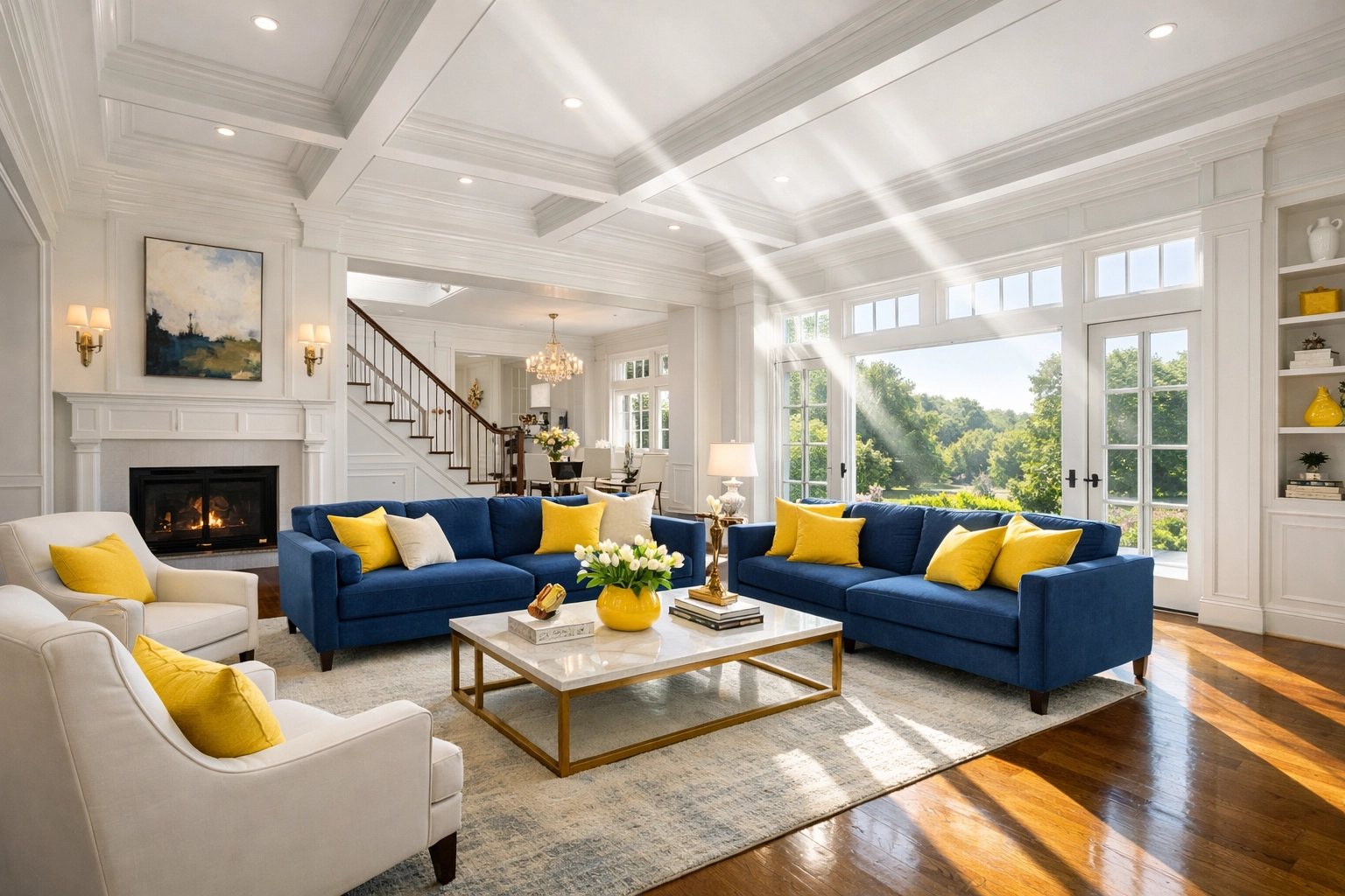 A sun-filled living room in a Harvard estate following a deep post-renovation cleaning for a healthy home.