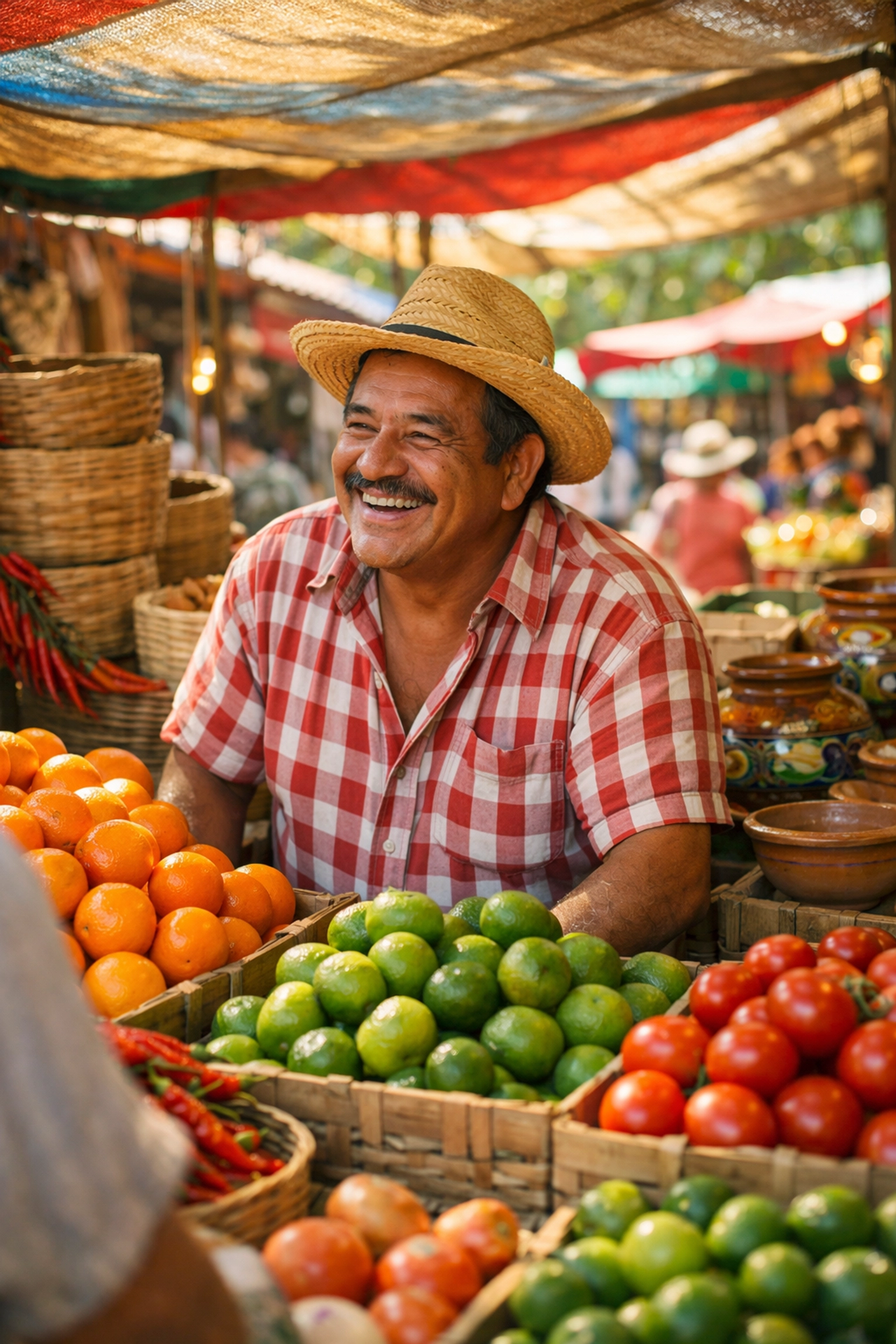 Local vendor at Puerto Vallarta market with fresh produce and traditional pottery