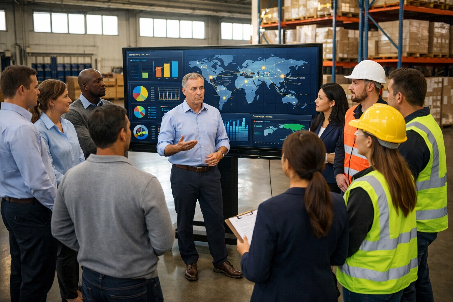 Logistics professionals conducting a morning stand-up meeting to ensure end-to-end supply chain transparency.