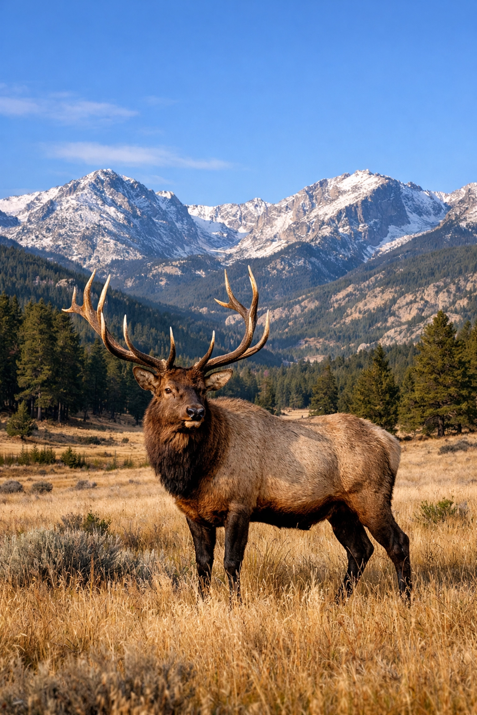 A majestic bull elk in a meadow with the Rocky Mountains in Estes Park, Colorado.