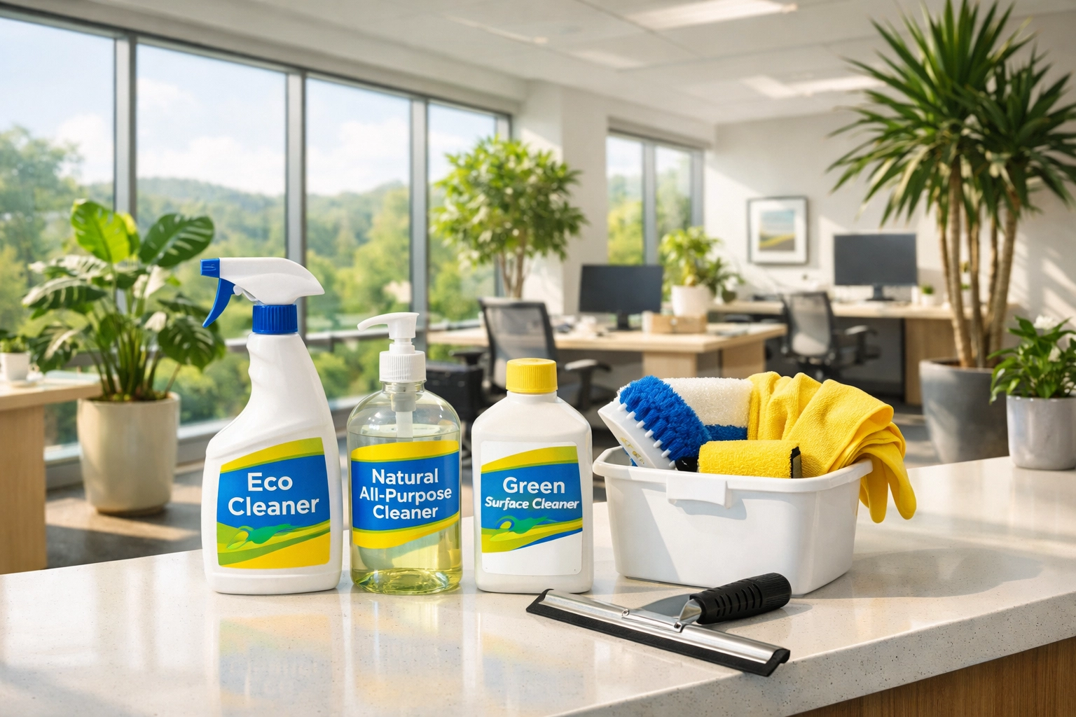 Eco-friendly office cleaning in Concord, MA with sustainable products in a bright, modern workspace.
