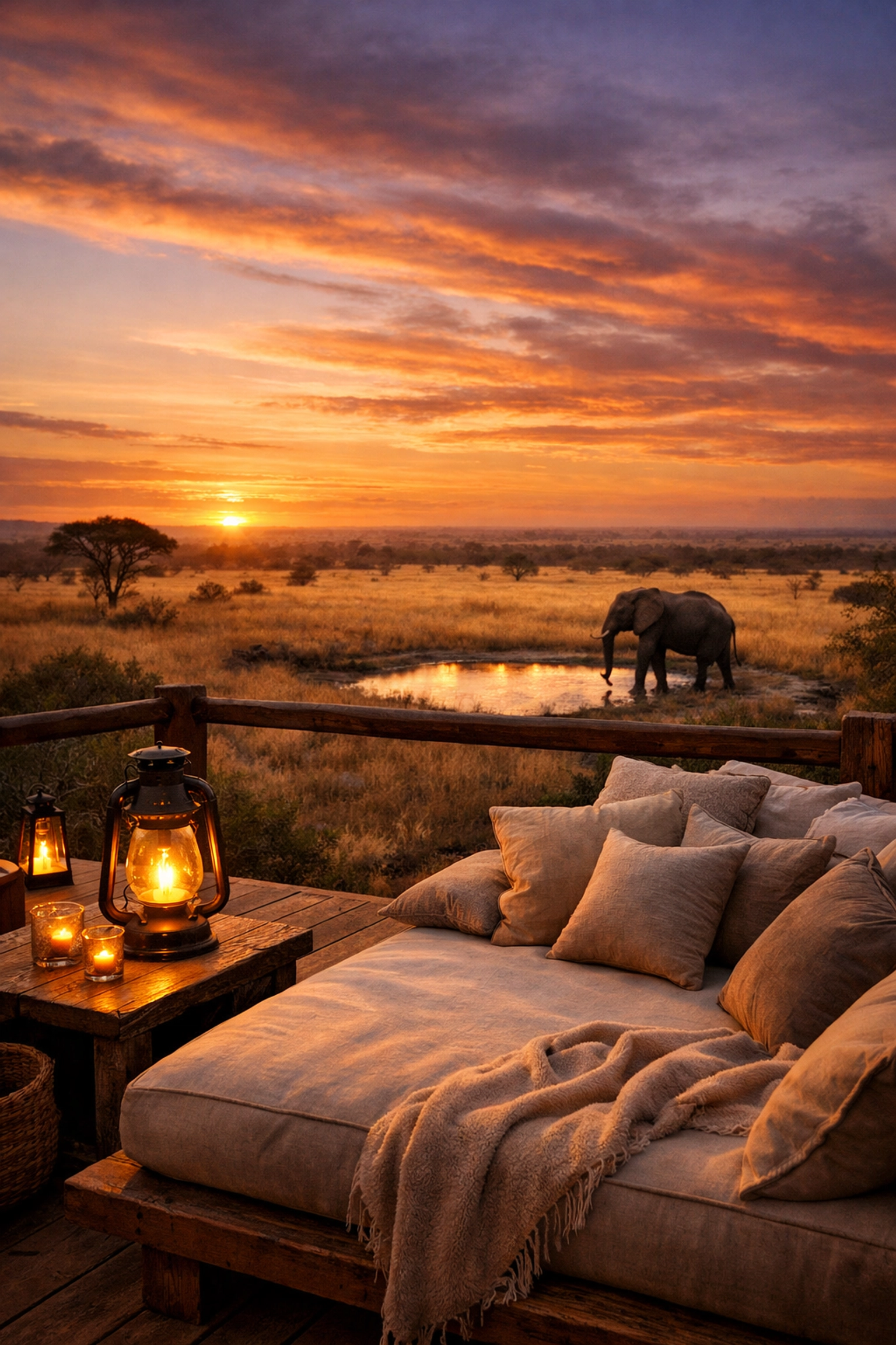 Luxury South Africa safari lodge deck at sunset with a wild elephant wandering the savanna.