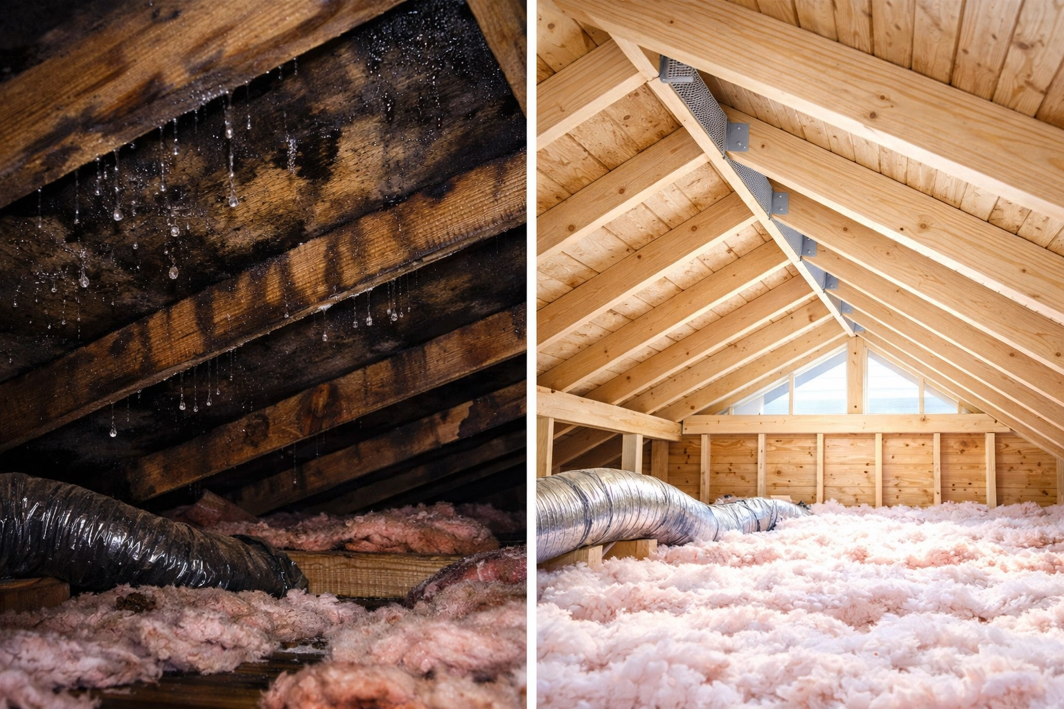 Comparison of poorly ventilated attic with moisture damage vs properly ventilated dry attic