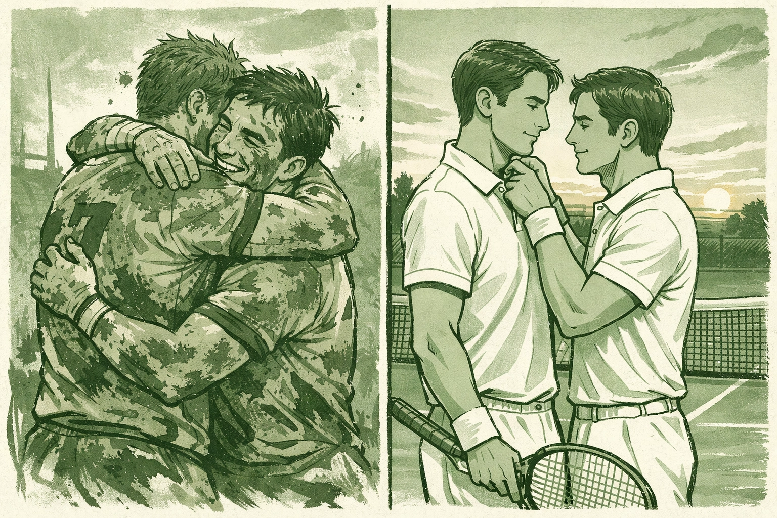 MM romance between rugby player and tennis pro showing contrast of muddy embrace vs refined court connection