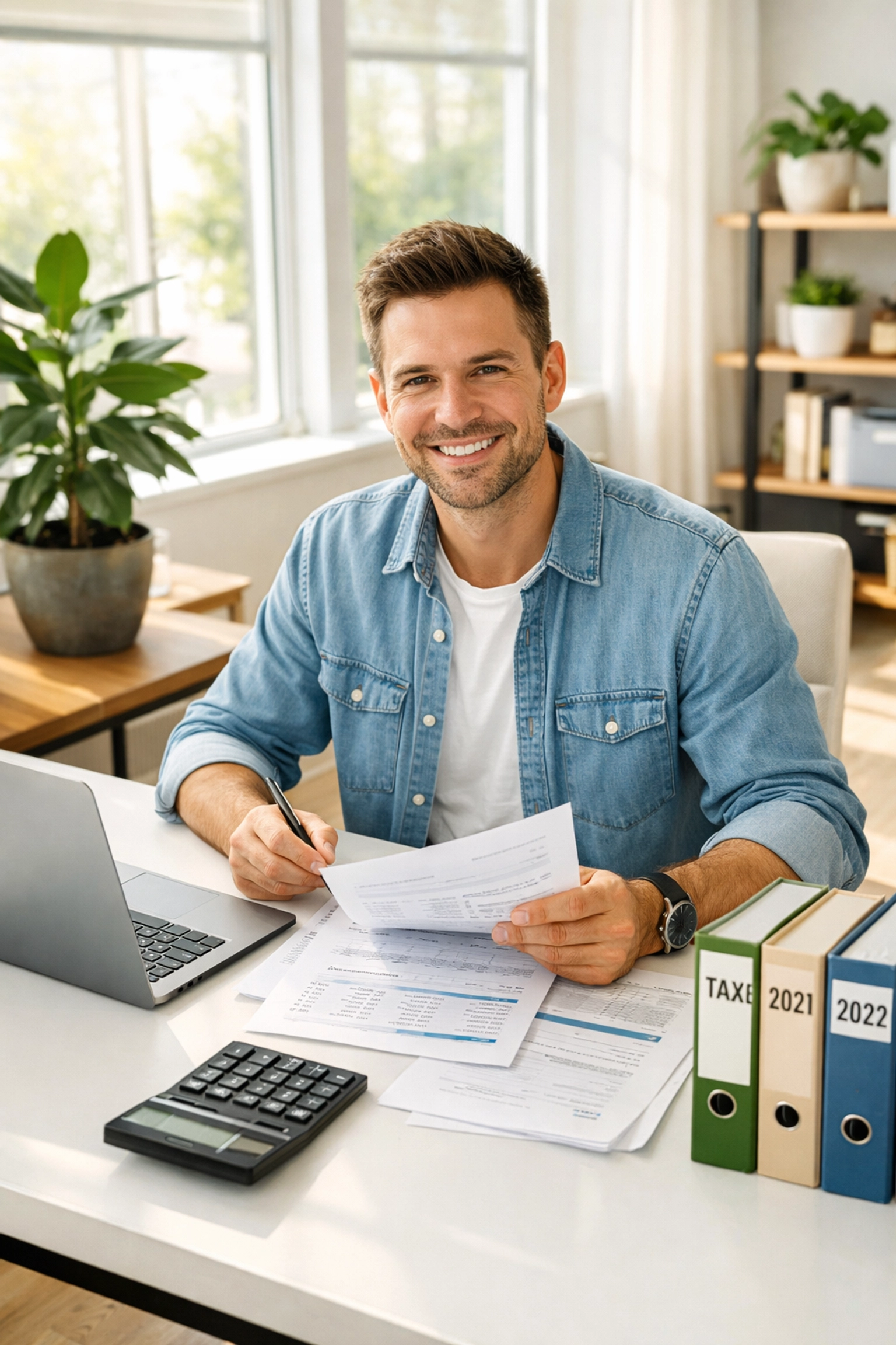 Small business owner reviewing tax documents and financial planning at modern office desk