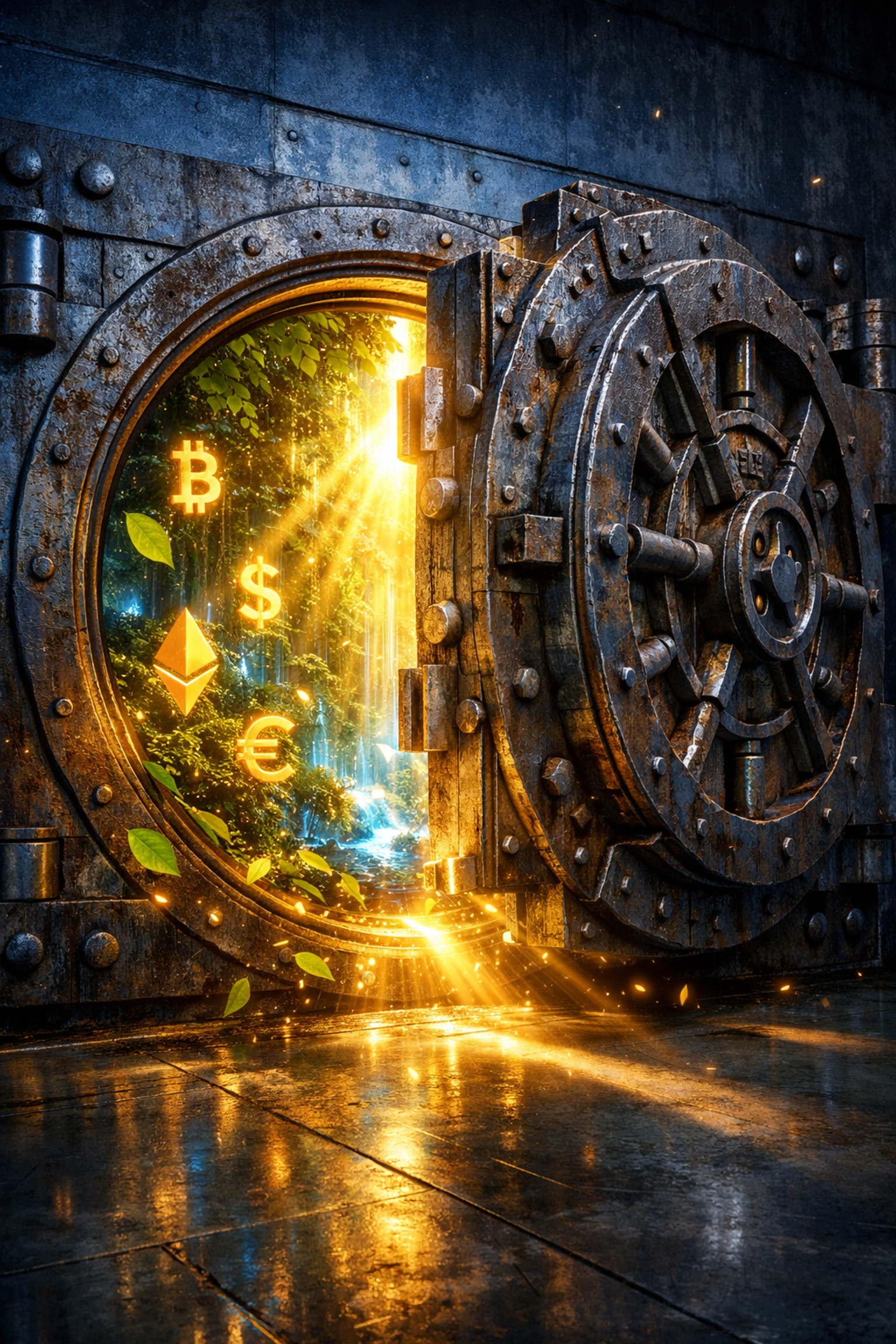 Legacy bank vault opening to reveal a digital forest, symbolizing Larecoin’s social impact payment model.