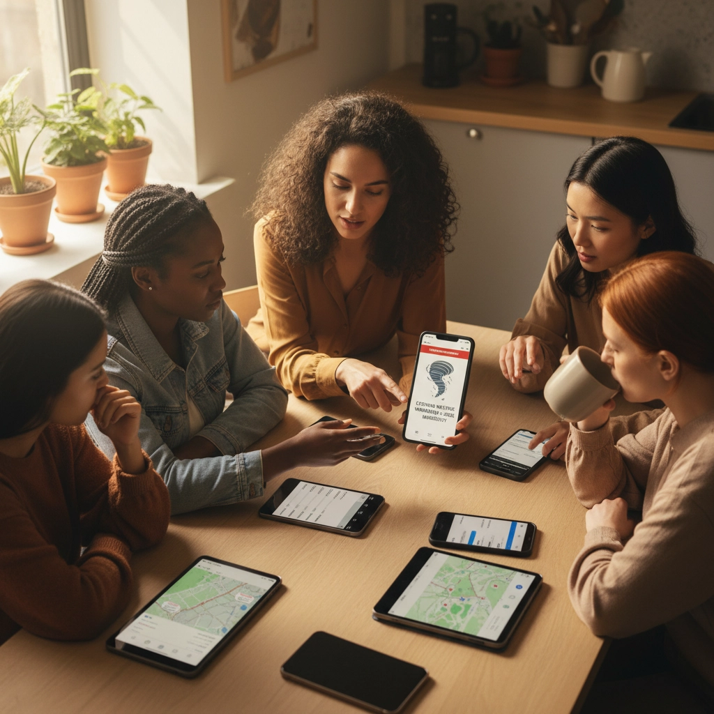 An image of a five women sitting at a dining room table, looking at cell phone and tablet screen that have maps and other emergency-related information on them. 50+ Free Resources Every Urban Woman Should Know