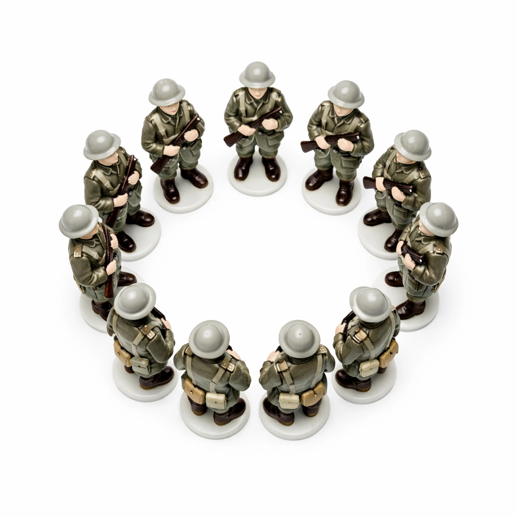 Ten porcelain soldier figurines in a circle, a nod to Agatha Christie's classic crime thriller.