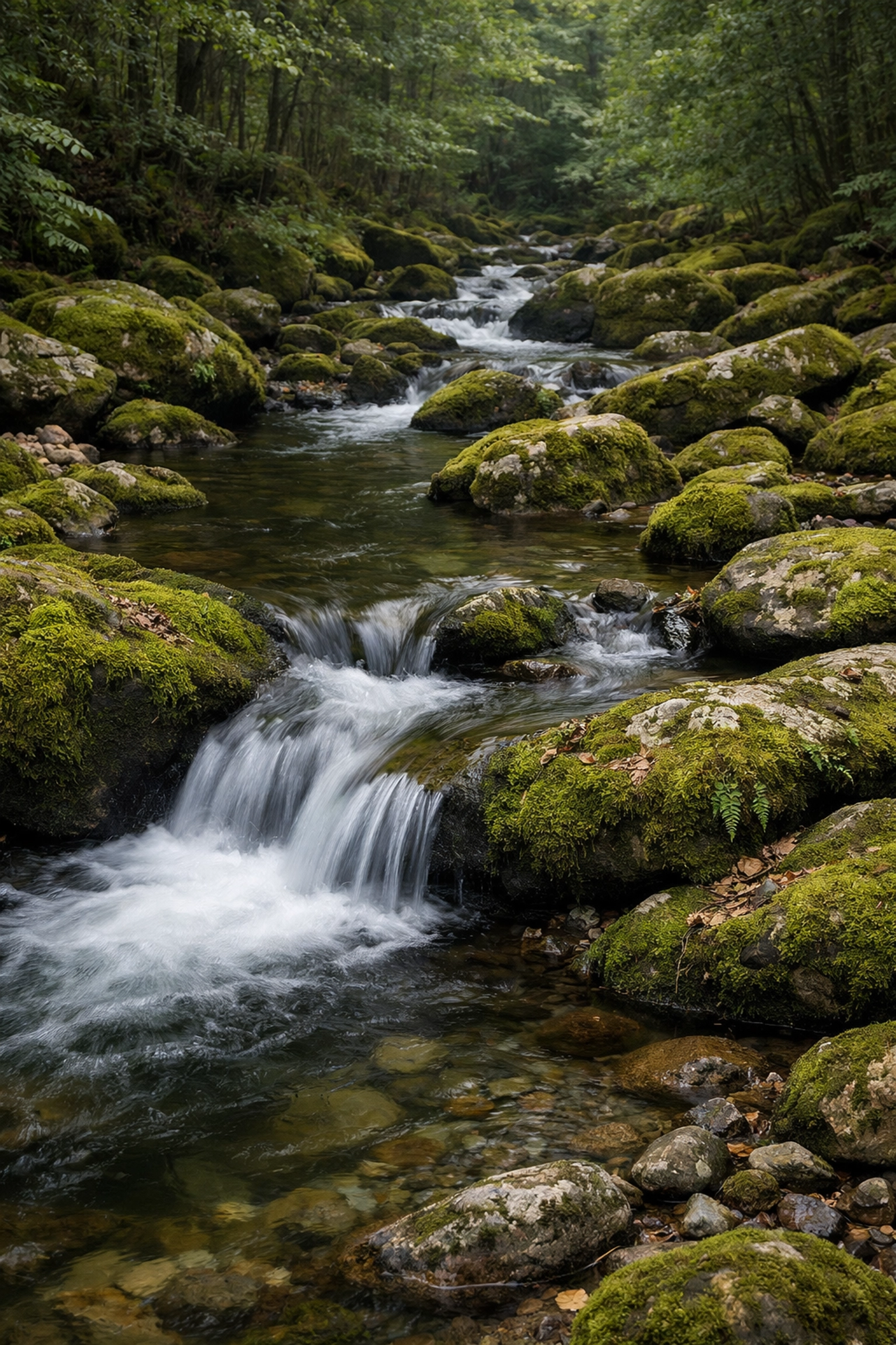 A forest stream with mossy rocks showing natural colors and professional editing in landscape photography.