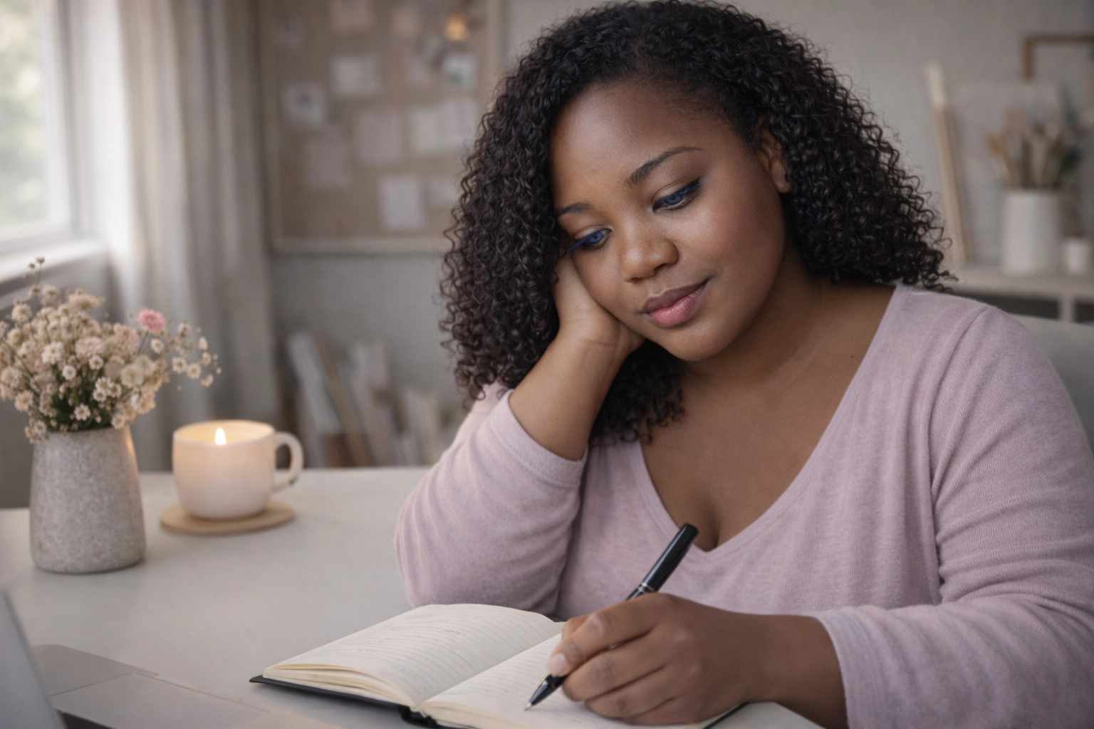 Woman journaling to identify people-pleasing patterns and recognize where she shrinks in daily life