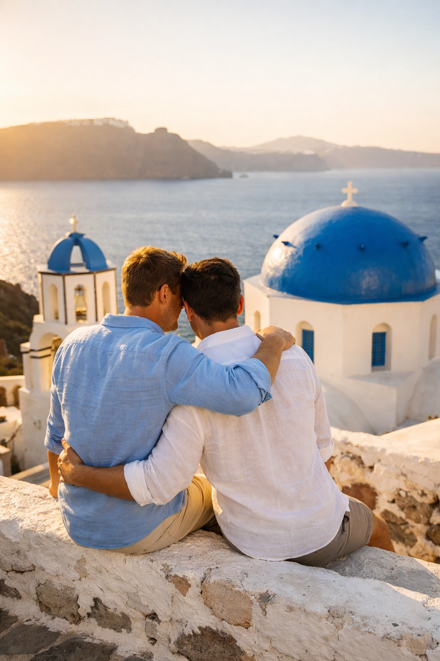 Gay couple sharing a romantic moment on a Santorini white wall overlooking Oia's blue domes.