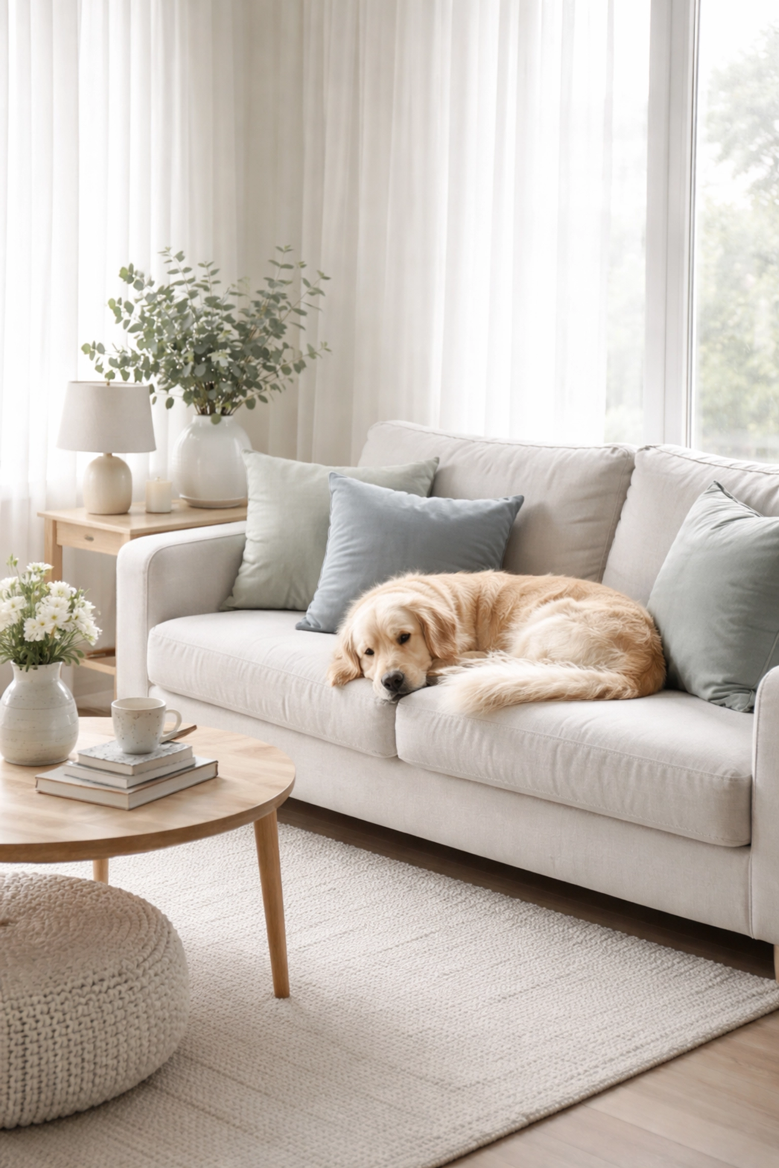 Pet-friendly living room with a golden retriever on a clean sofa, minimalist decor, and natural light for a safe home