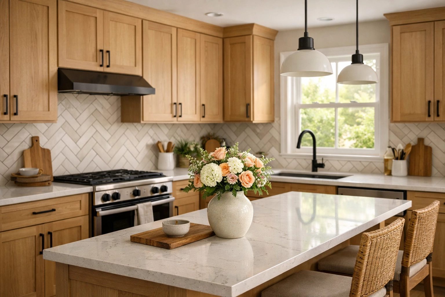 Modern kitchen remodeling Orlando with white oak cabinets and subway tile backsplash