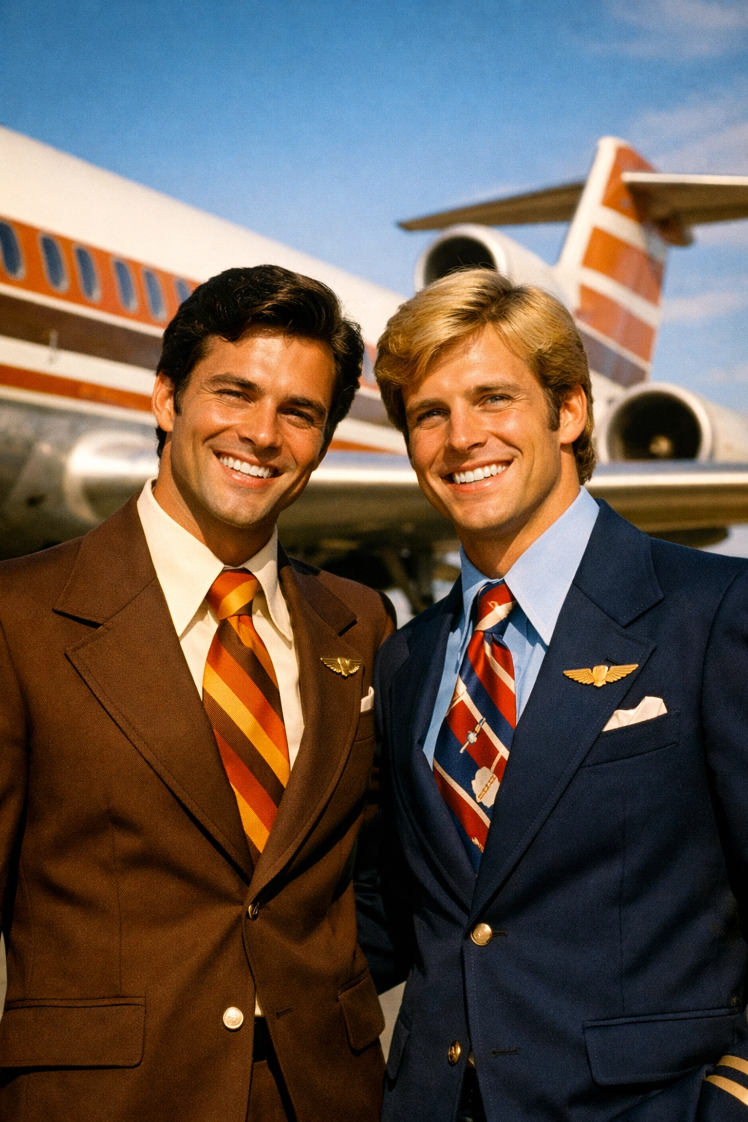 Two gay male flight attendants in 1970s retro uniforms standing proudly in front of commercial airplane