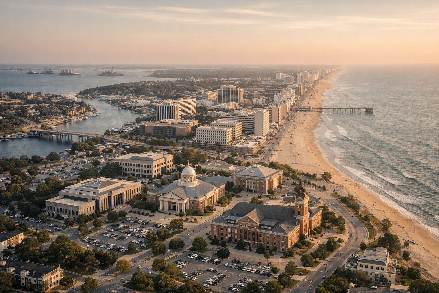 Hampton Roads Virginia Beach waterfront and courthouse representing local DUI legal expertise