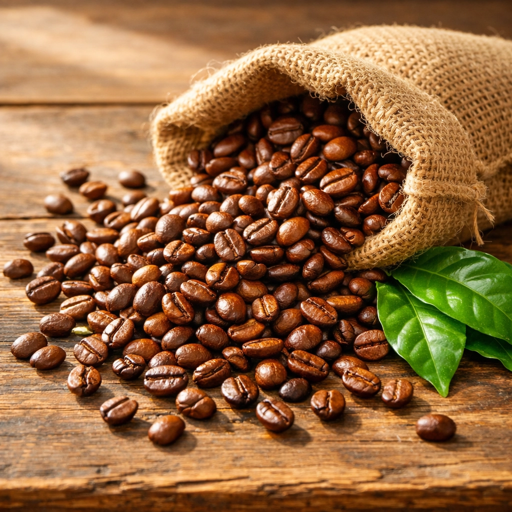 Freshly roasted coffee beans spilling from burlap sack, showing ethically sourced coffee