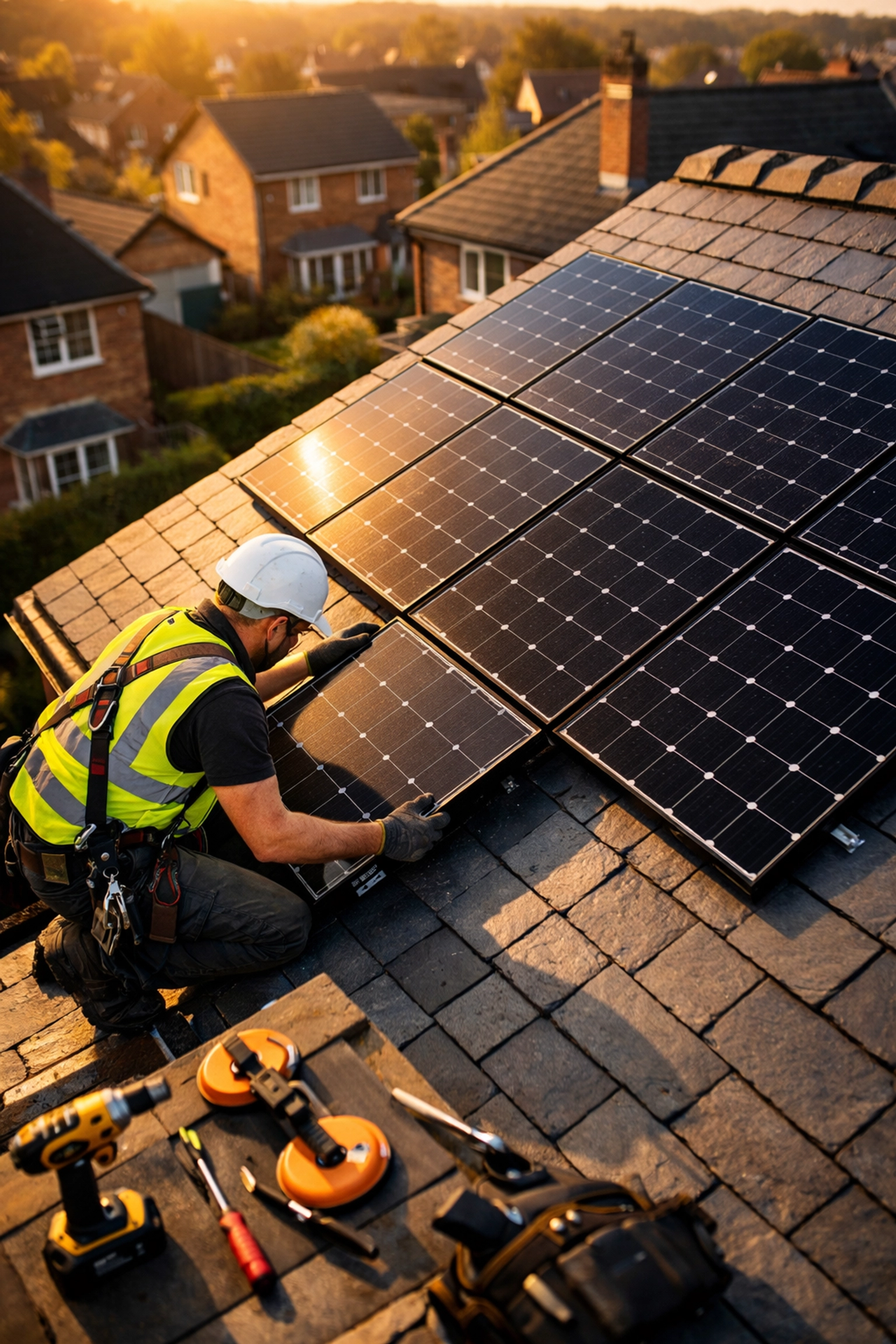 Qualified solar installer fitting black panels on UK house roof with precision