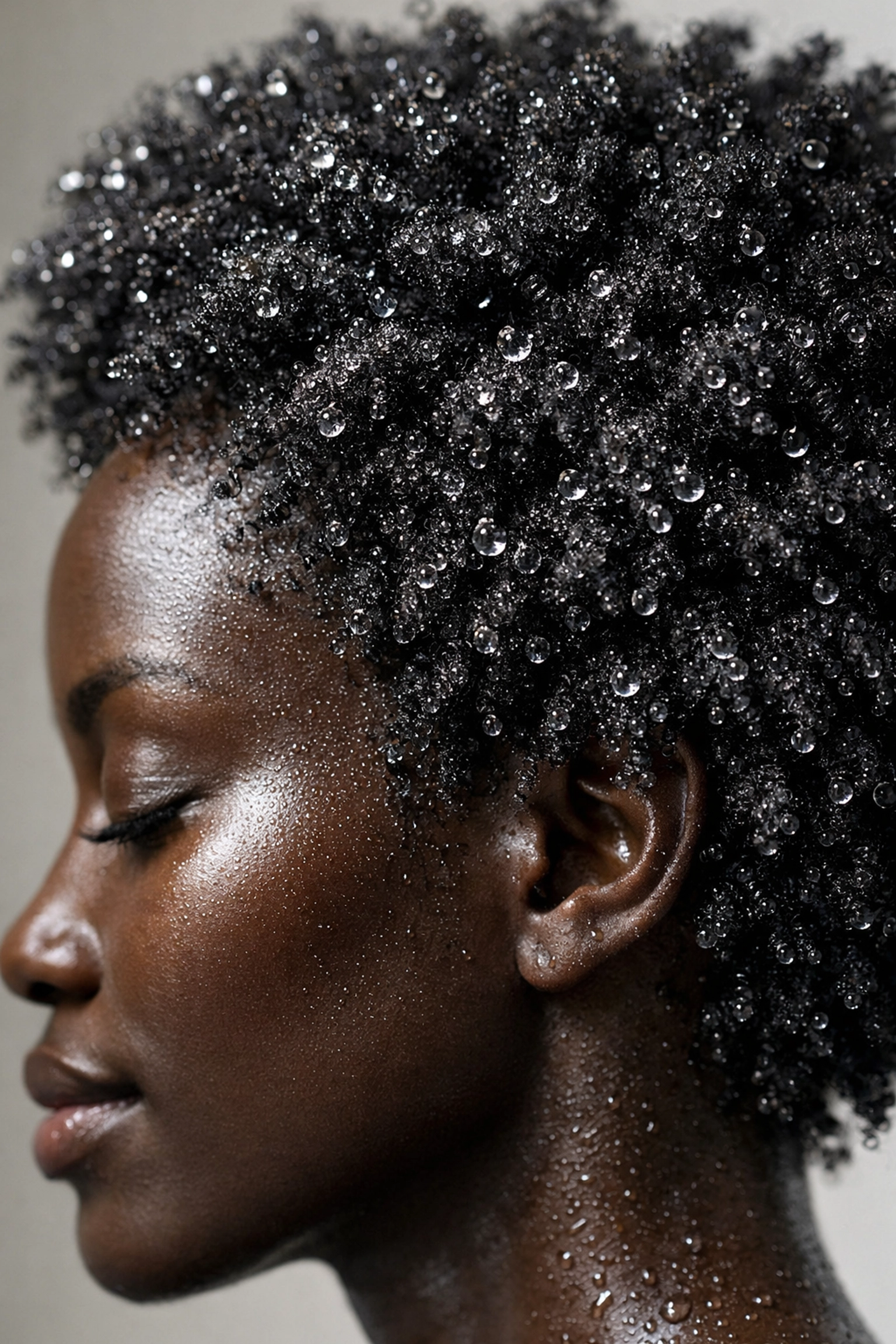 Macro close-up of healthy 4C curls with water droplets, illustrating deep hydration and natural hair care.
