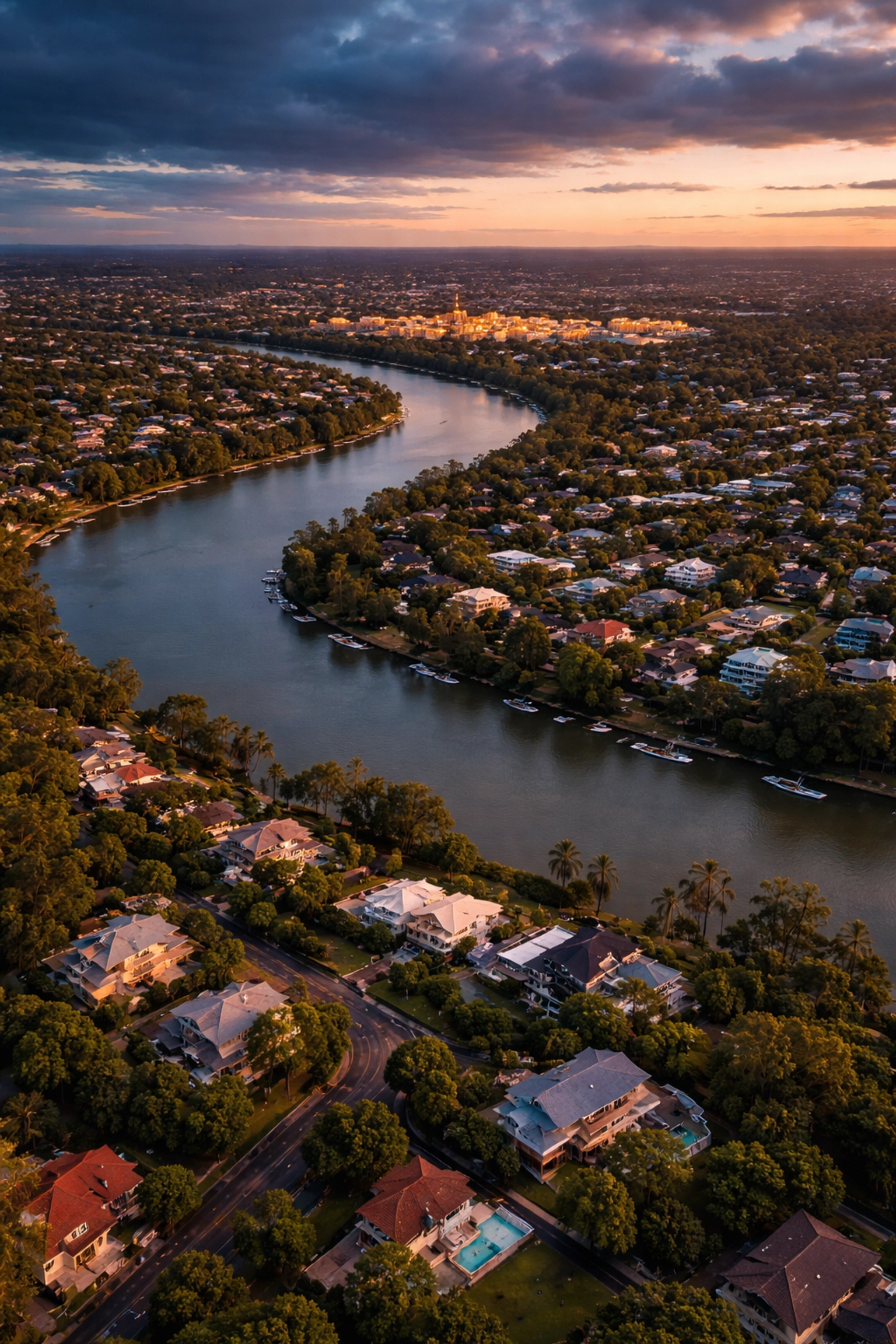 Aerial view of St Lucia suburb in Brisbane with river, university campus, and leafy streets emphasizing premium school locations