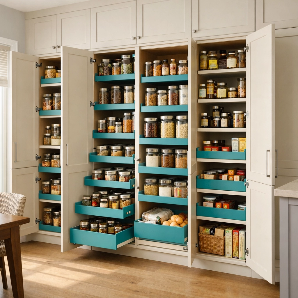 Organized floor-to-ceiling kitchen pantry with European-style pull-out drawers for Saskatoon home renovations.