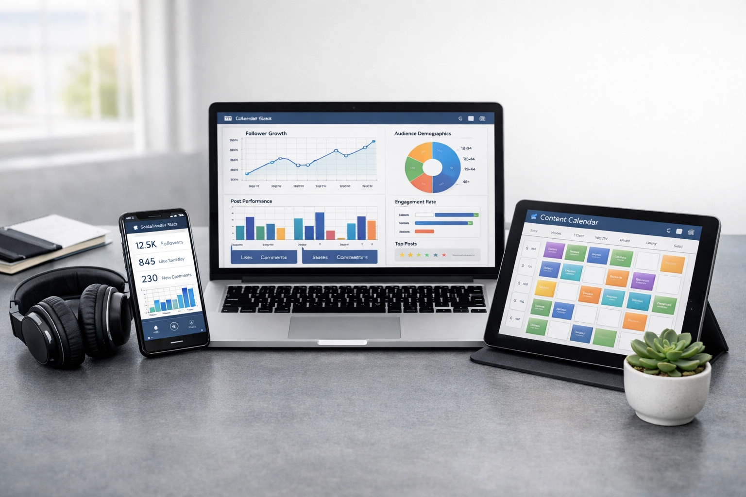 Modern artist workspace with synchronized devices for social media automation and music marketing.