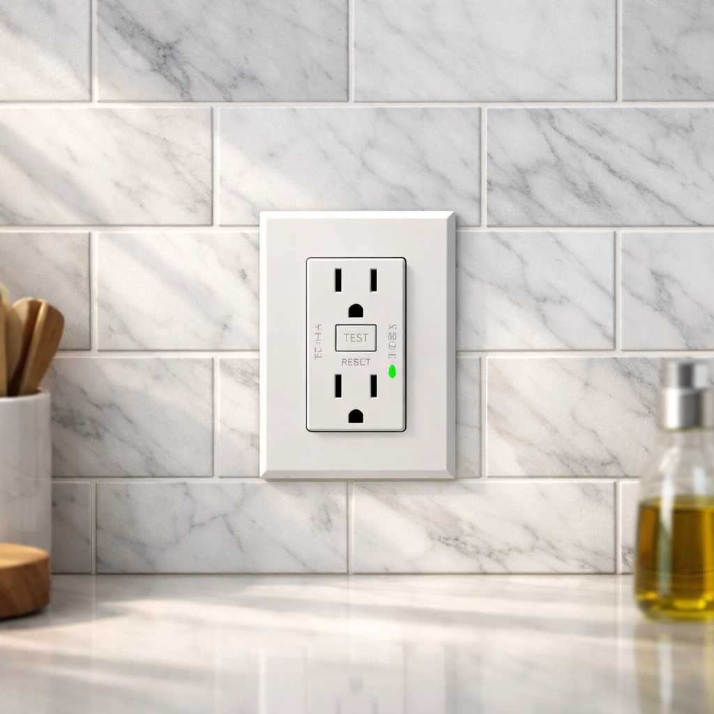 Modern kitchen GFCI outlet with a green safety light, showing readiness for an electrician in Fort Worth.