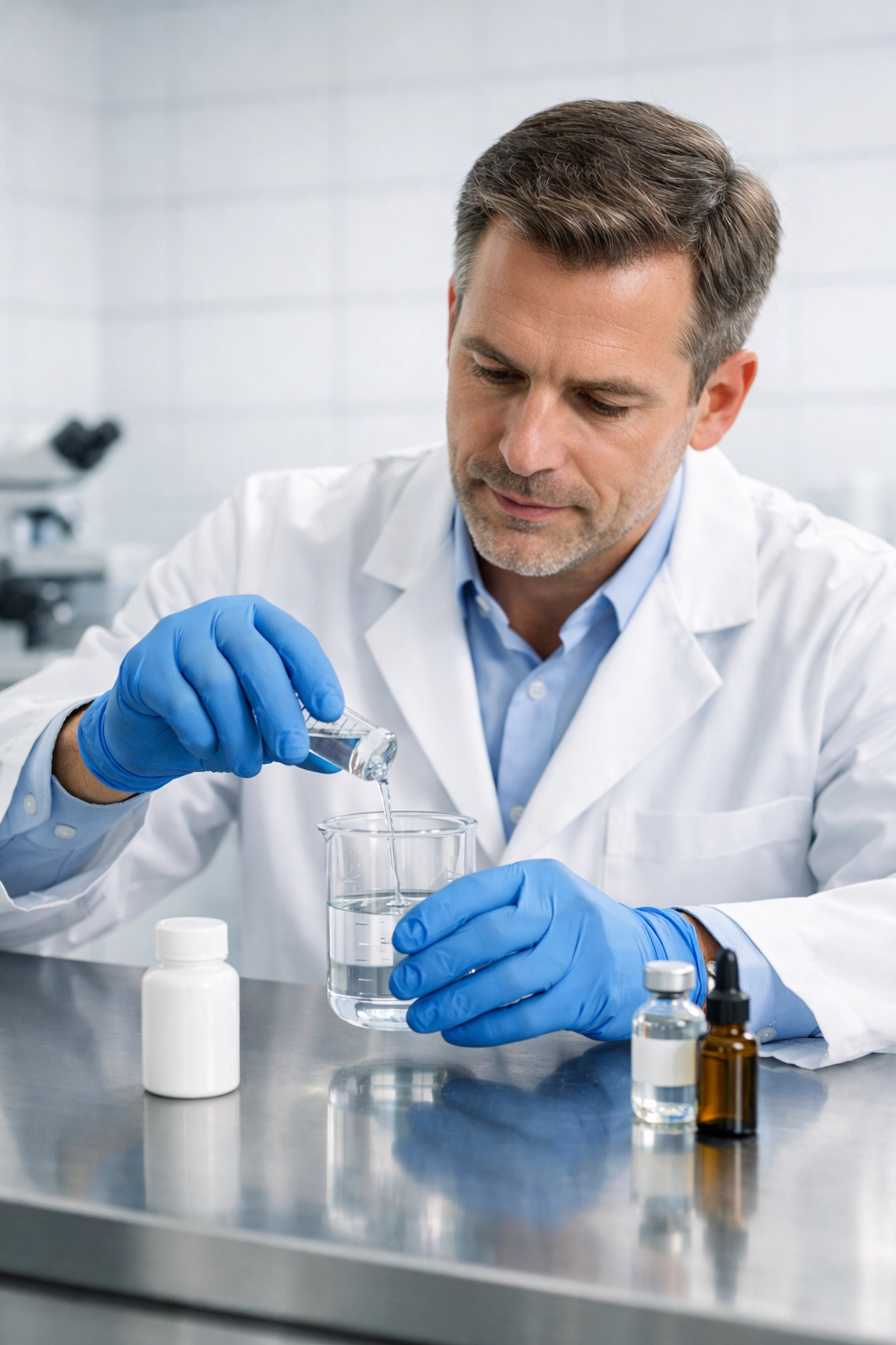 A professional pharmacist preparing compounded tirzepatide in a sterile pharmacy laboratory.