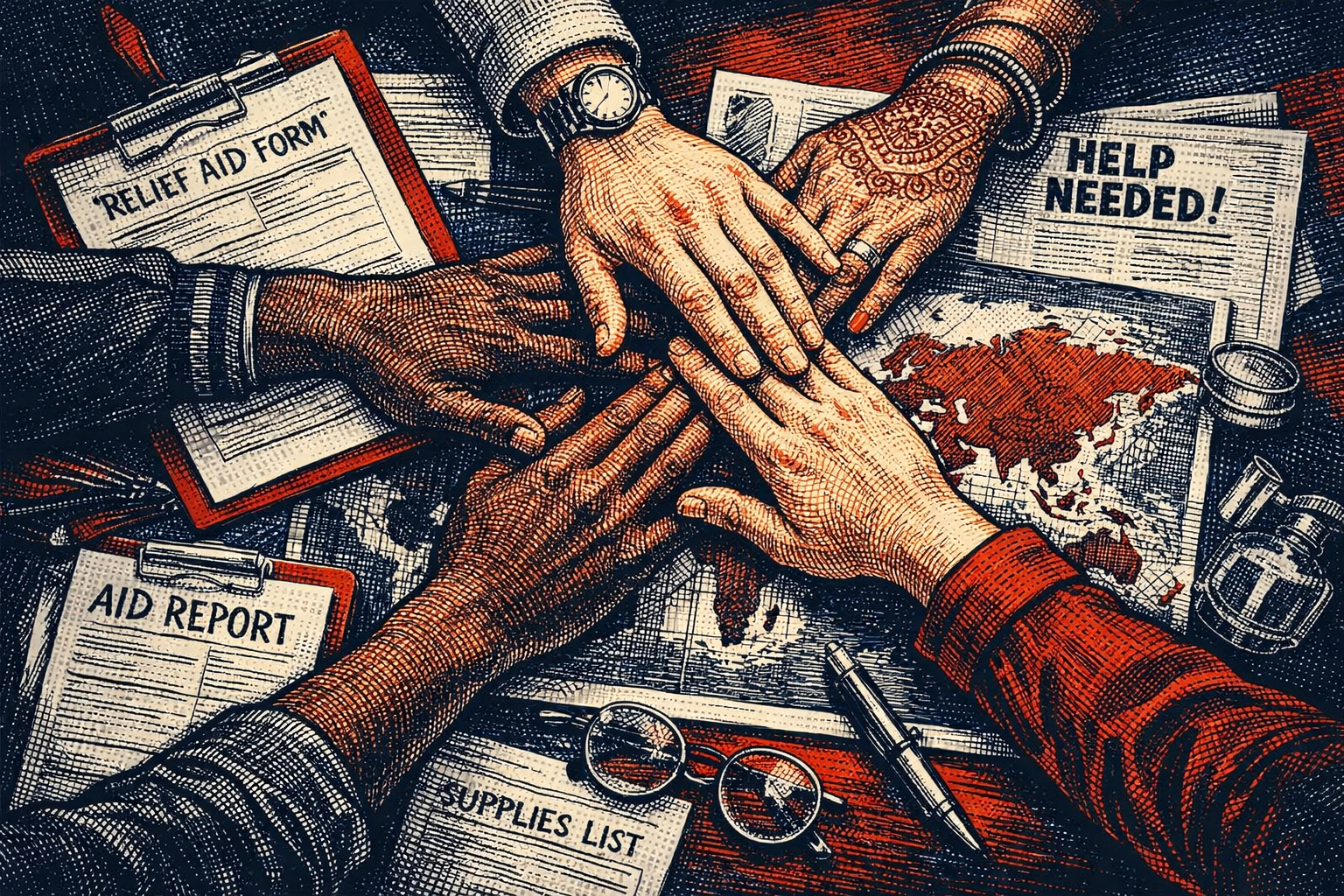 International hands collaborating over humanitarian aid maps showing global cooperation