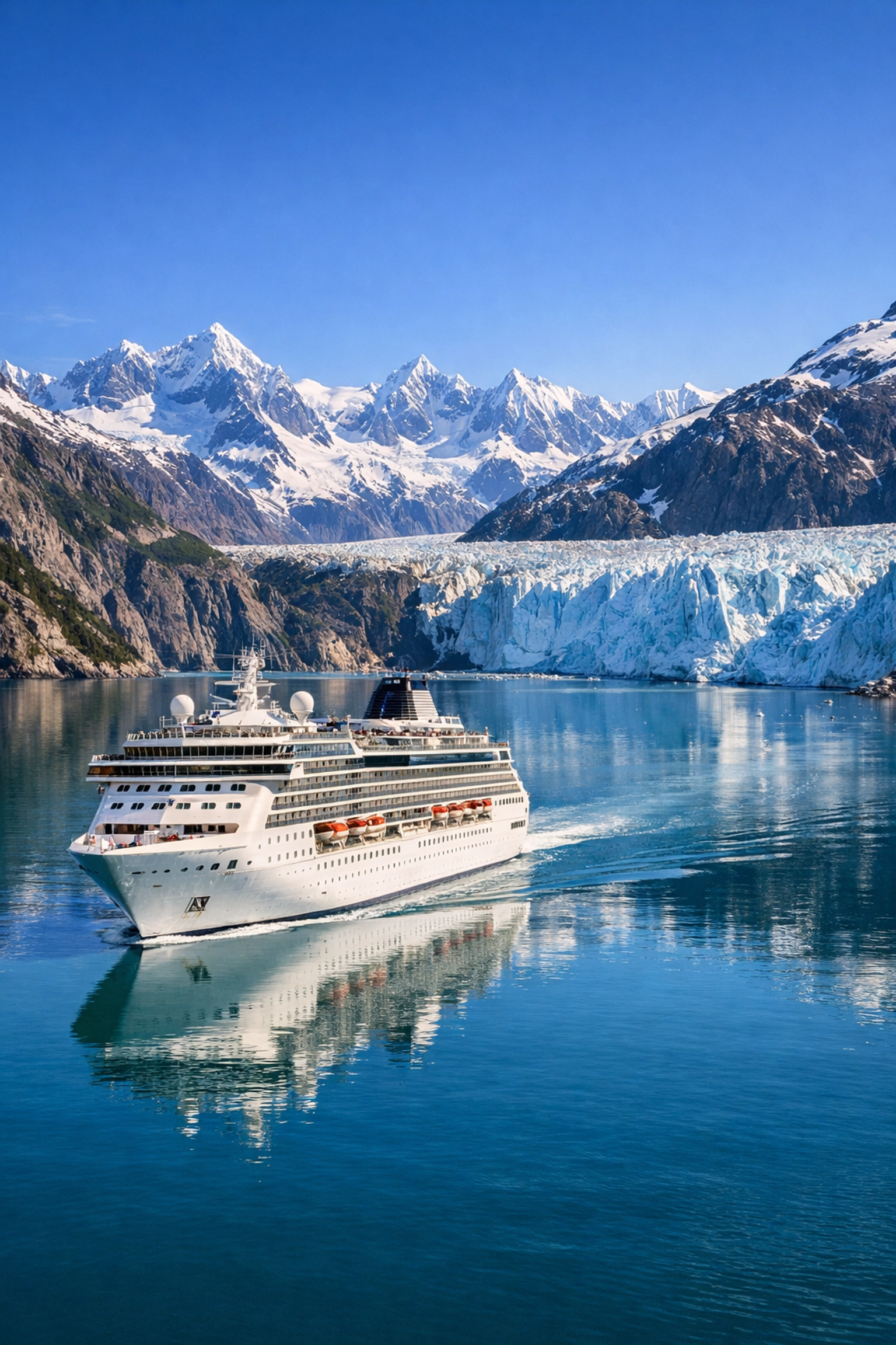 A large cruise ship navigating through scenic Alaskan fjords with mountains and glaciers in view.