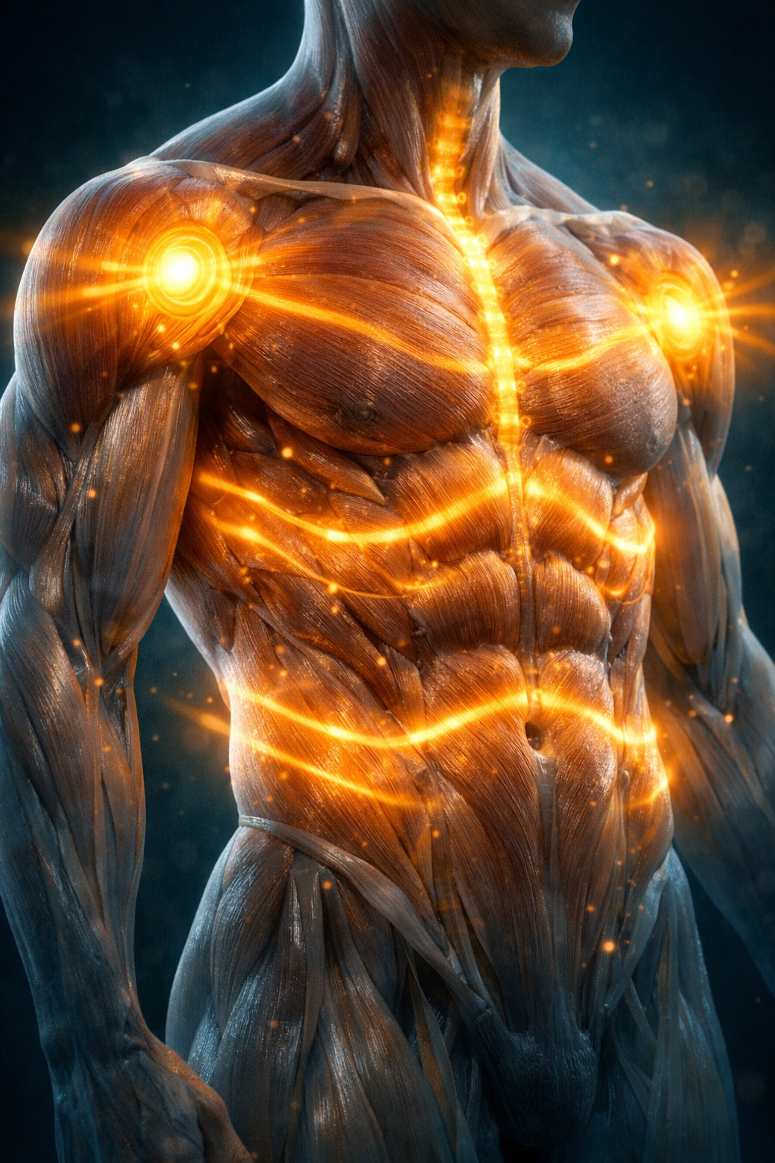 Visualizing infrared heat waves penetrating muscle tissue for deep recovery and cellular repair.